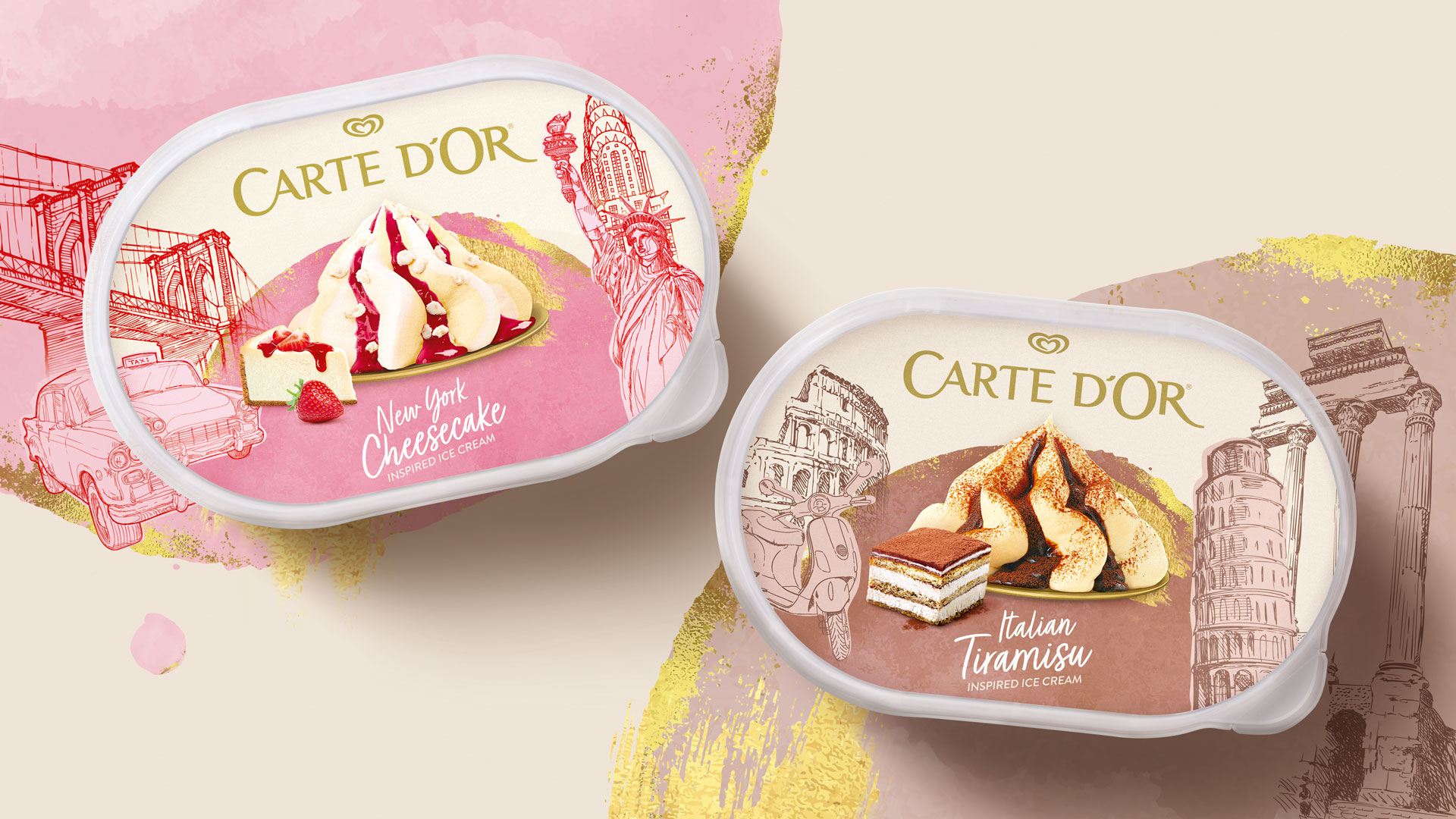 Zwei Verpackungen Langnese Carte D'or Ice Cream New York Cheesecake und Italian Tiramisu