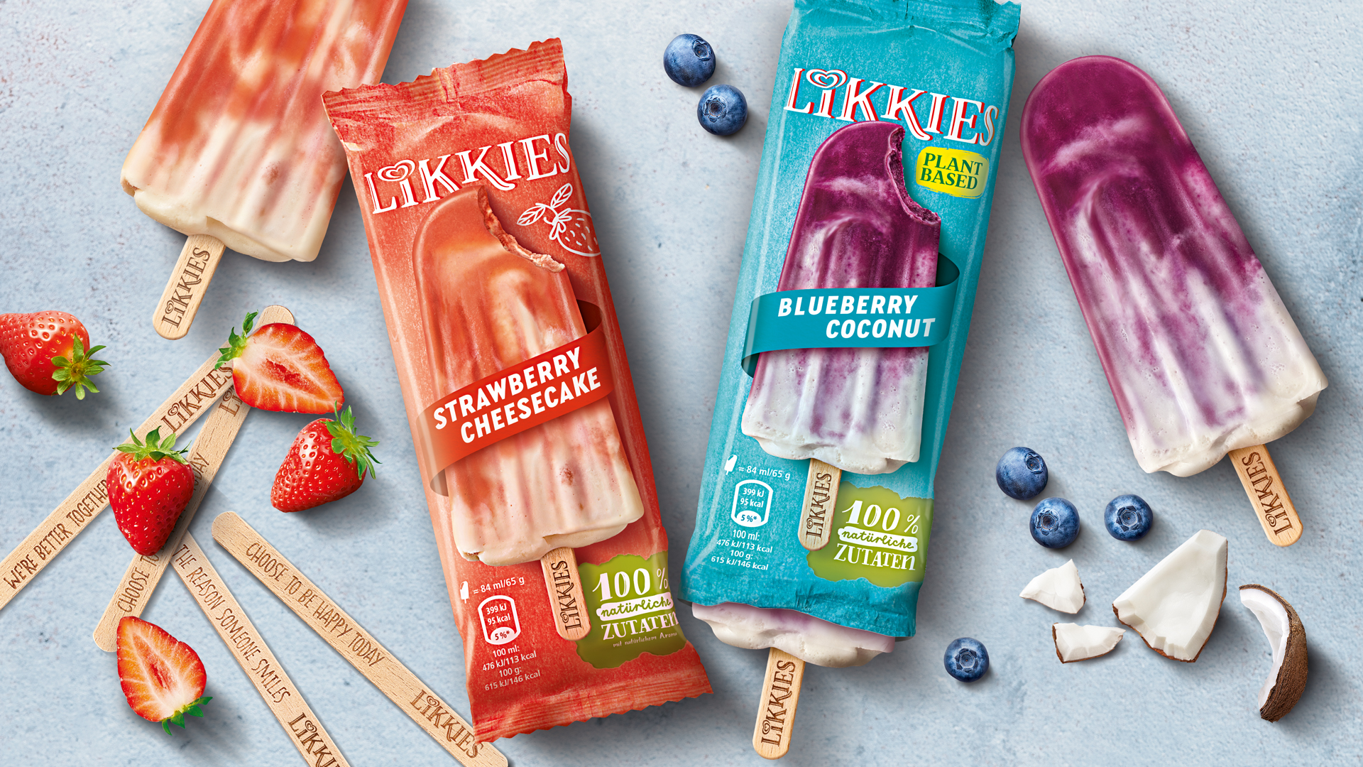 Verpackungsdesign für Langnese Likkies Eiscreme. Einzelne Verpackungen und Eise mit Zutaten vor grauem Hintergrund.
