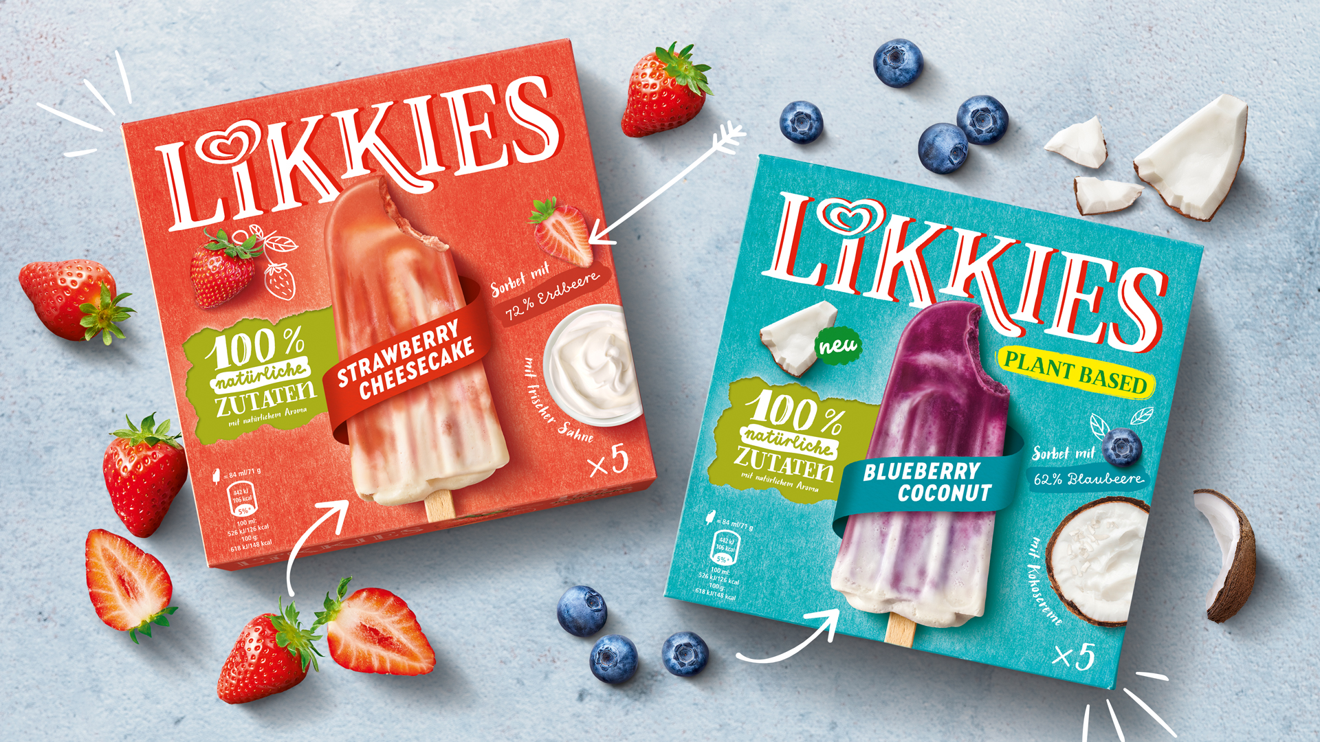Verpackungsdesign Packshots Langnese Likkies Strawberry Cheesecake und Blueberry Coconut von Design Agentur HAJOK