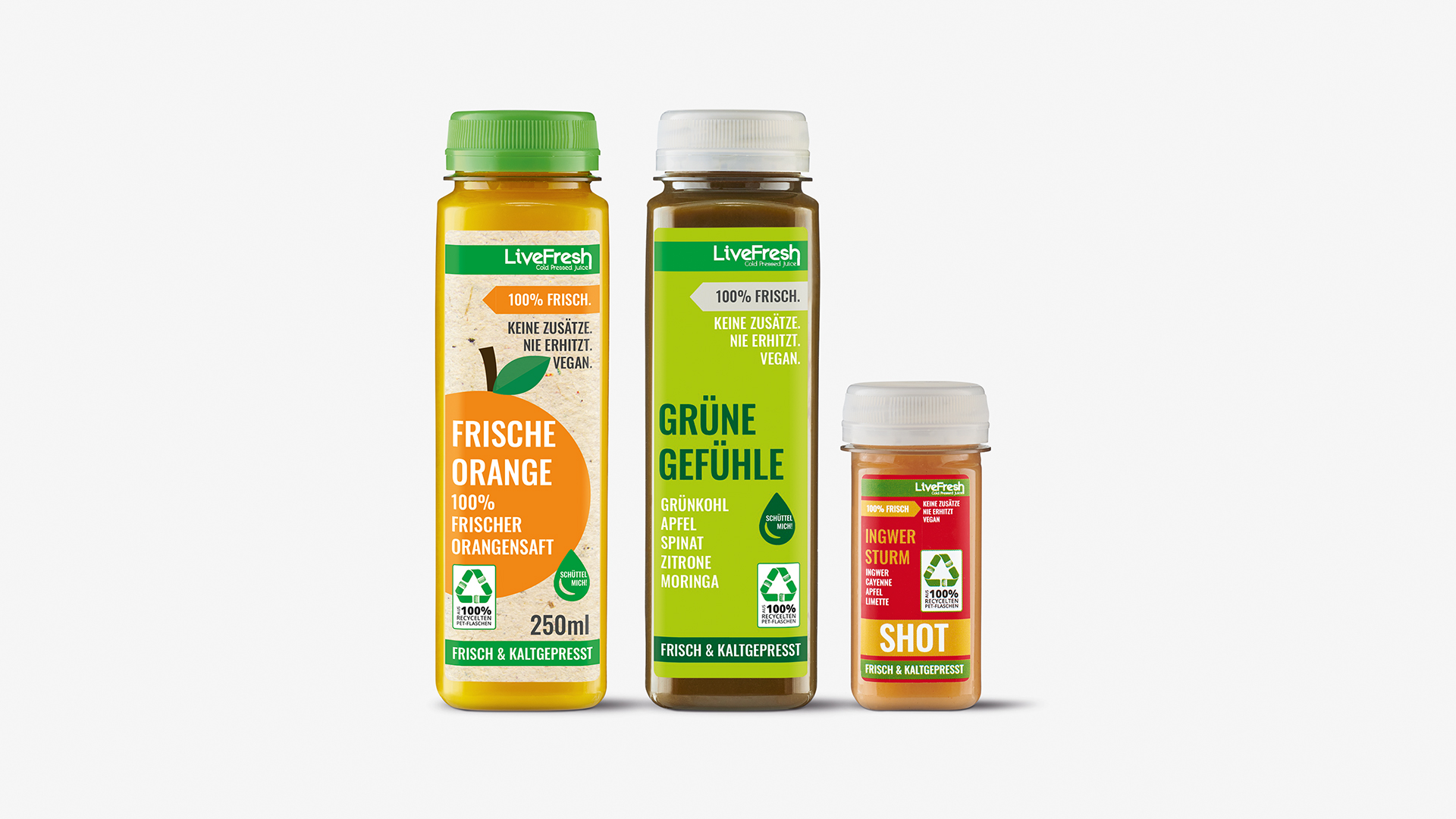 Altes Verpackungsdesign Live Fresh Säfte und Ingwer Shot