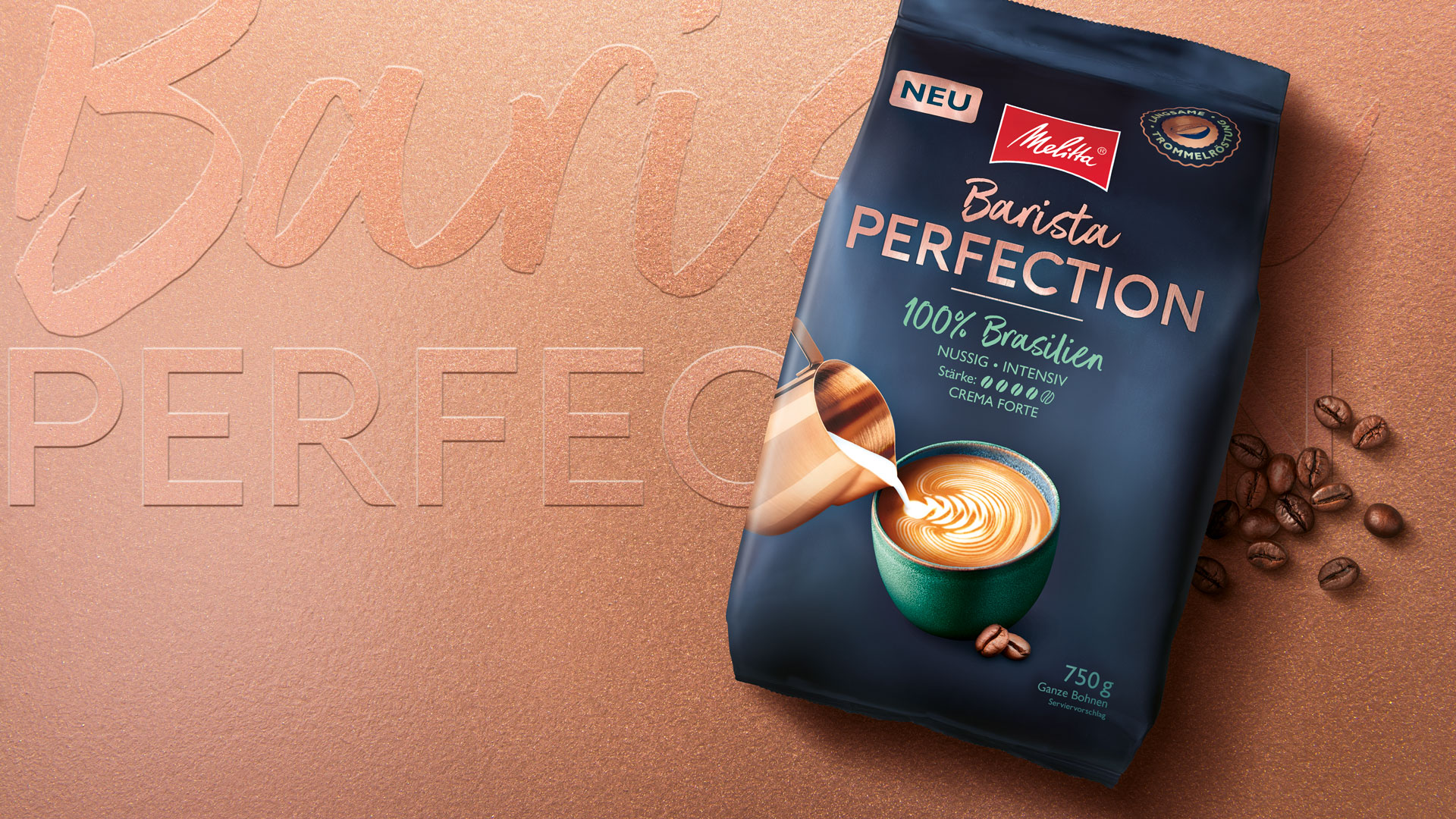Verpackungsdesign Melitta Barista Perfection Brasilien mit Kaffeebohnen