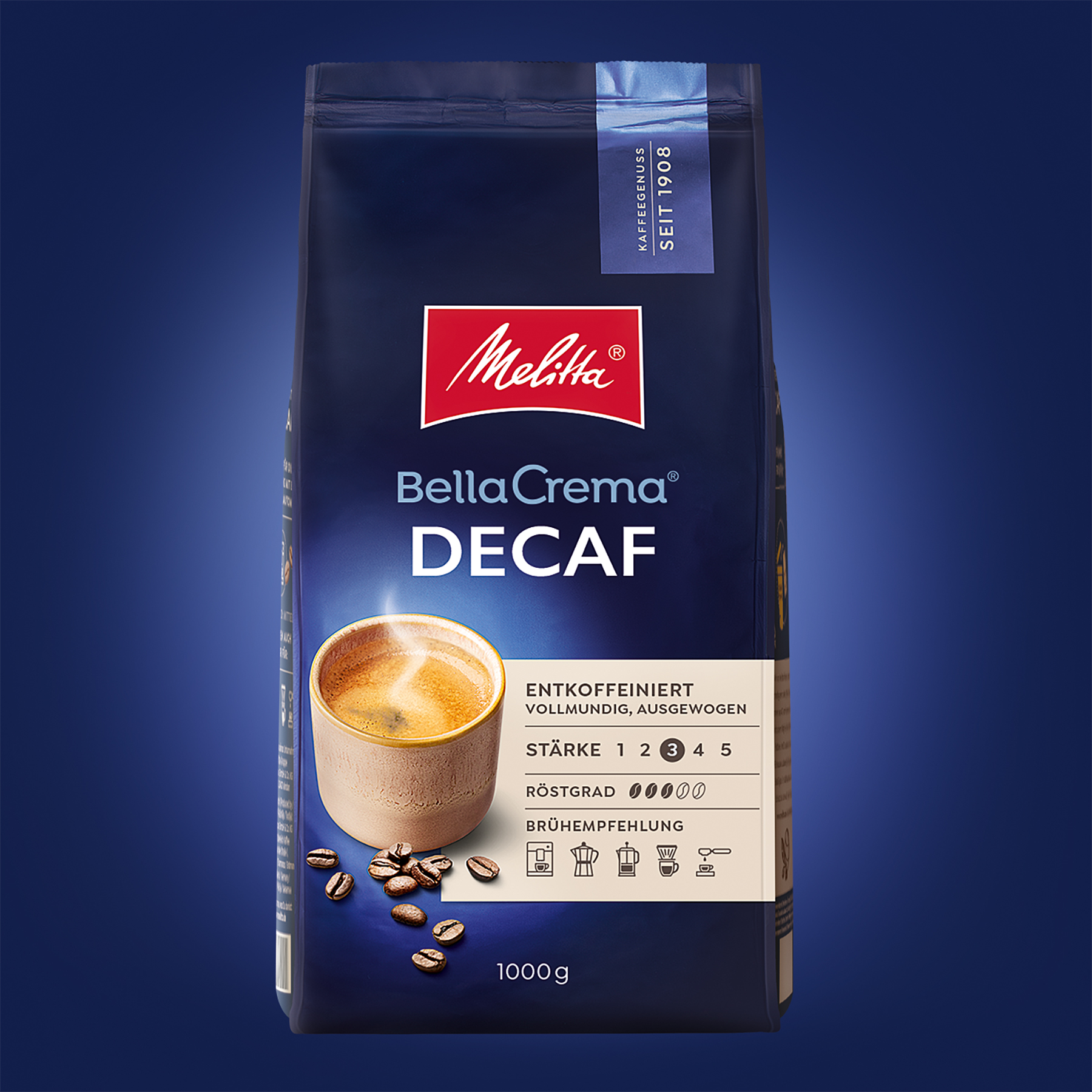Melitta Bella Crema Decaf Verpackungsdesign Packshot