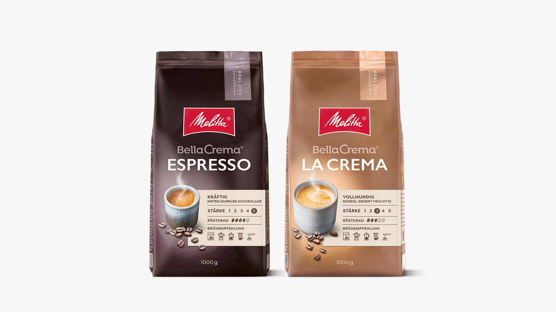 Neues Verpackungsdesign für Melitta Bella Crema Espresso und La Crema Packshots