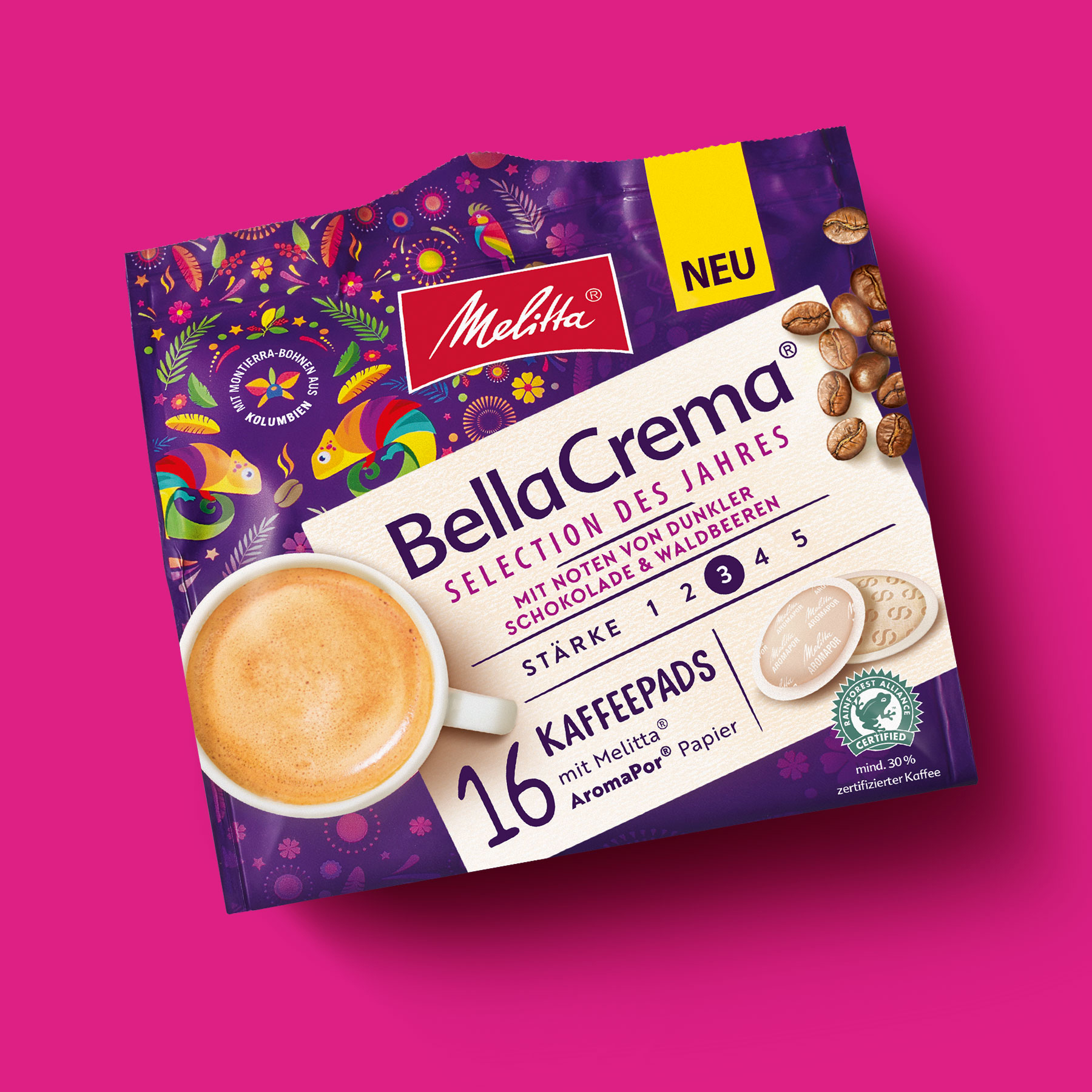 Melitta Bella Crema Selection des Jahres Kaffepads Verpackungsdesign Packshot