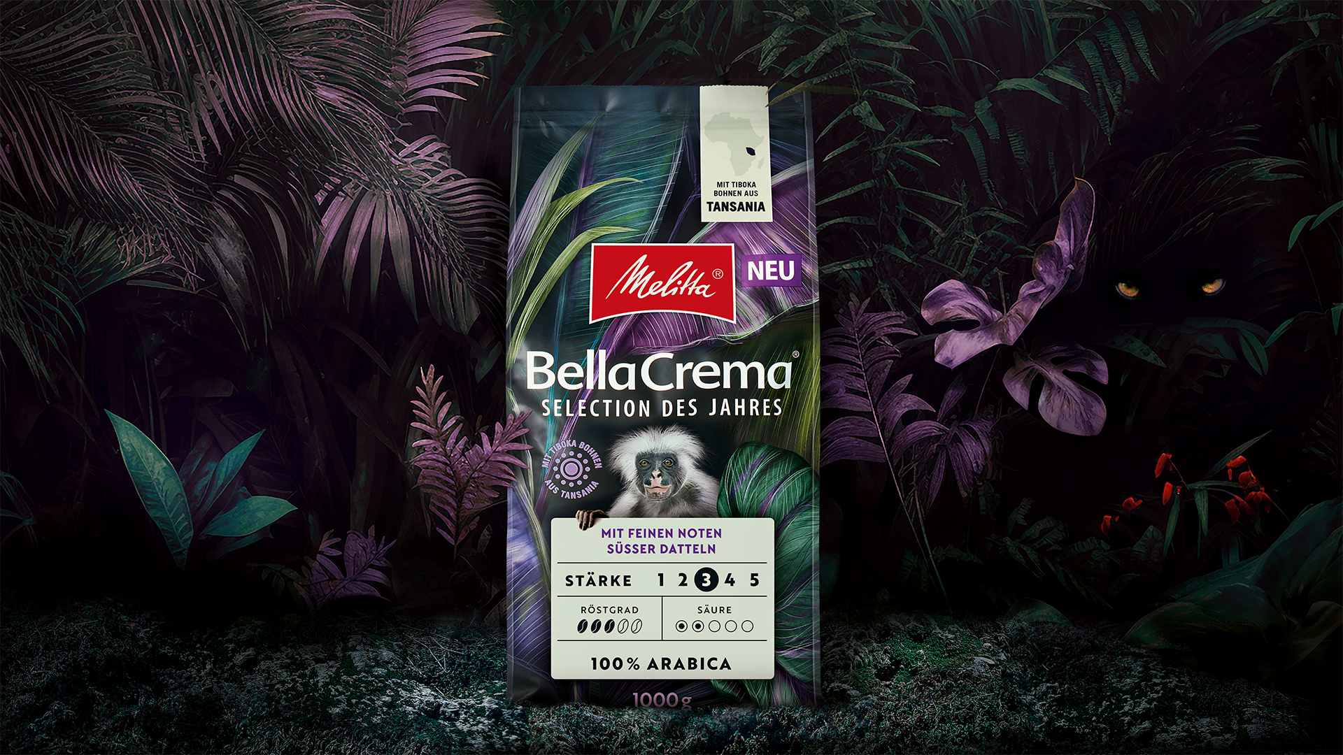 Melitta Bella Crema Selection des Jahres Verpackungsdesign Packshot im Dschungel Umfeld