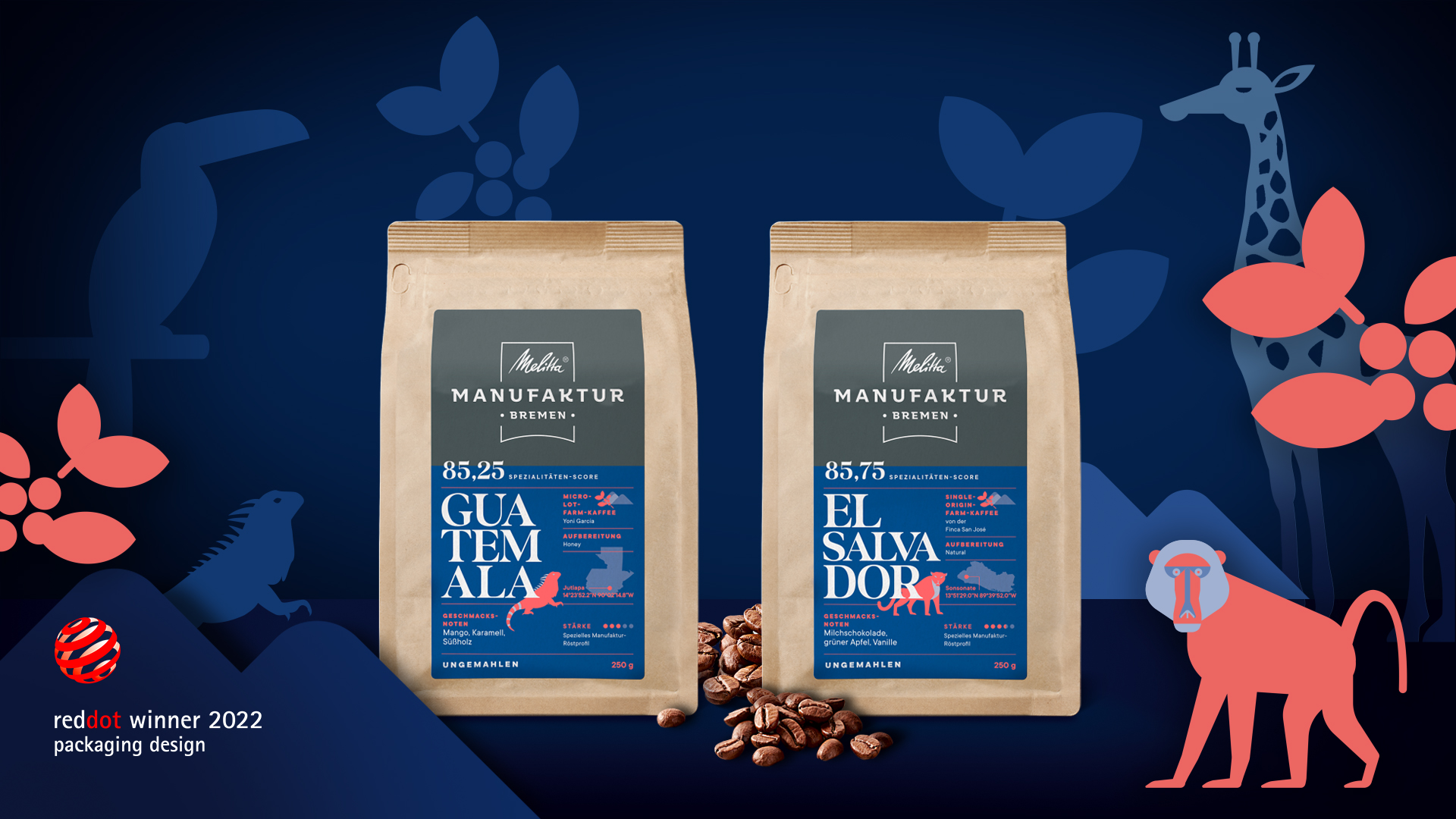 Zwei Kaffeeverpackungen und Tierillustrationen Melitta Manufaktur reddot Award Gewinner 2022