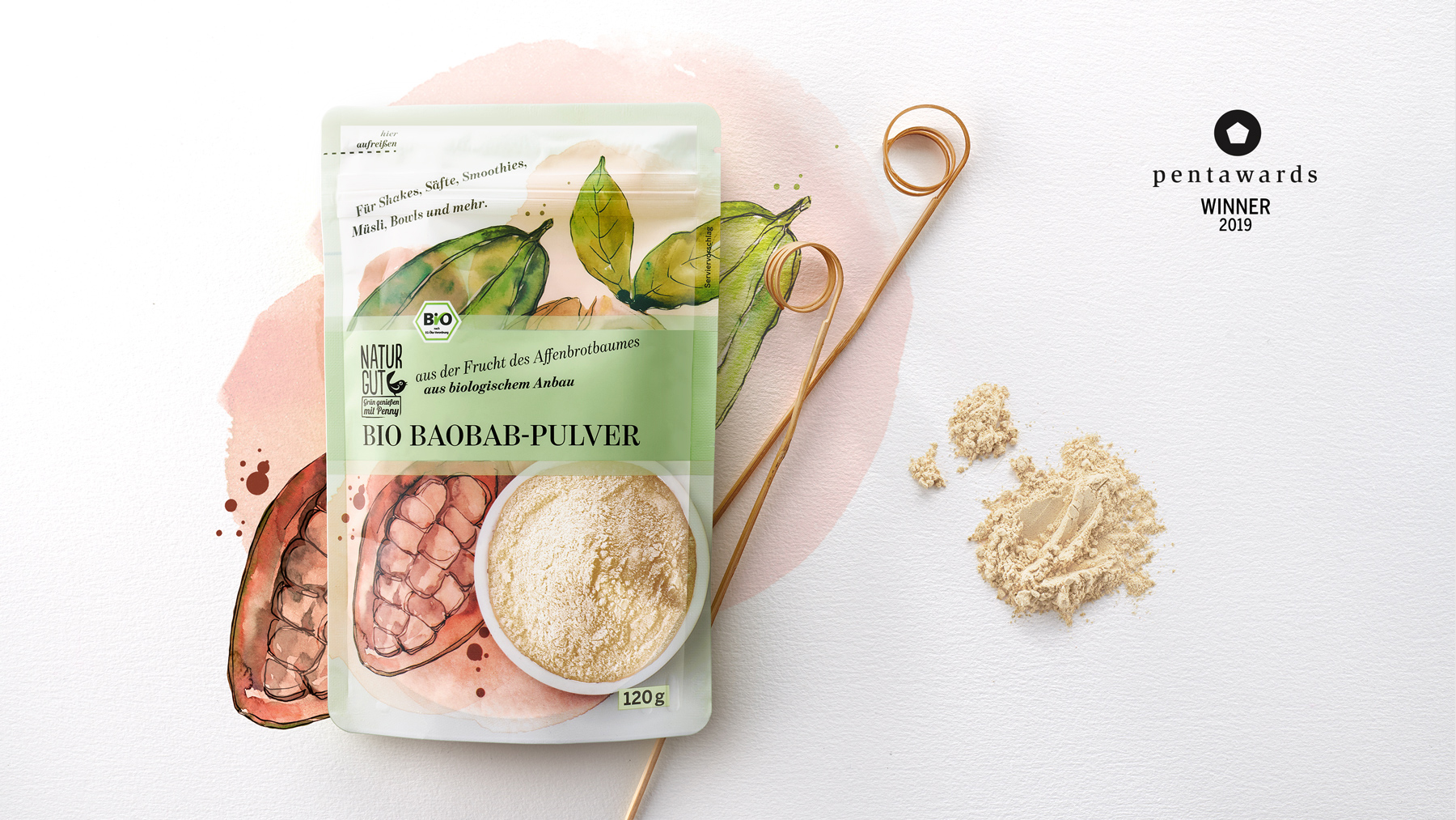 Penny Naturgut Bio Baobab-Pulver Verpackungsdesign Pentawards Winner