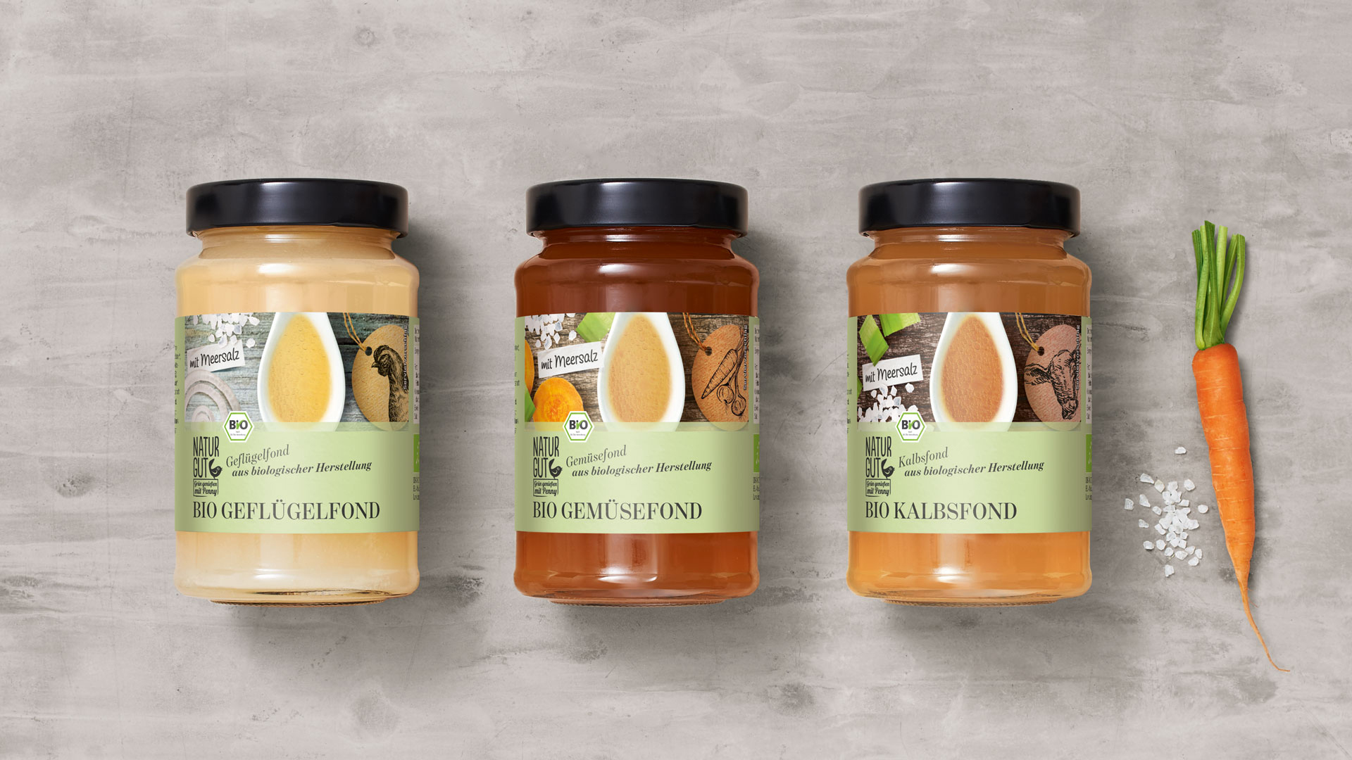Verpackungsdesigns für Penny Naturgut Bio Geflügelfond, Bio Gemüsefond und Bio Kalbsfond