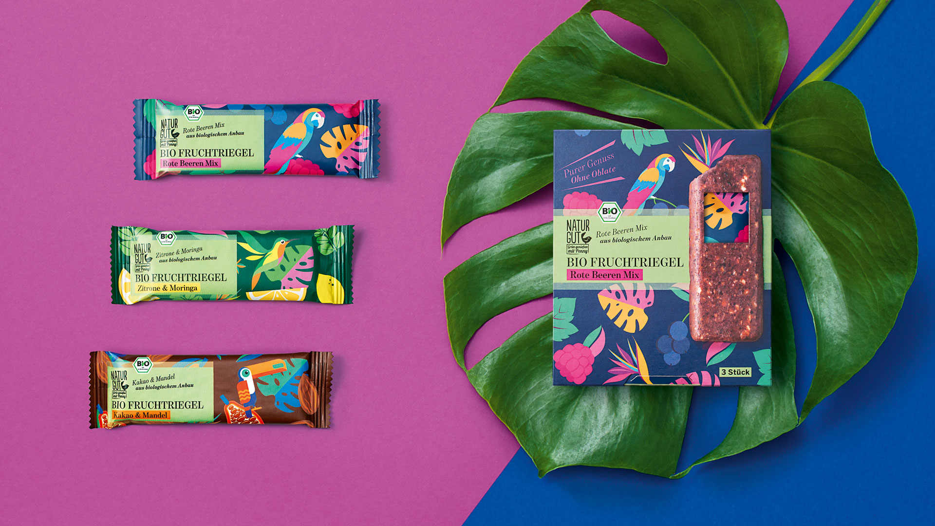 Buntes Verpackungsdesign für Penny naturgut Bio Fruchtriegel