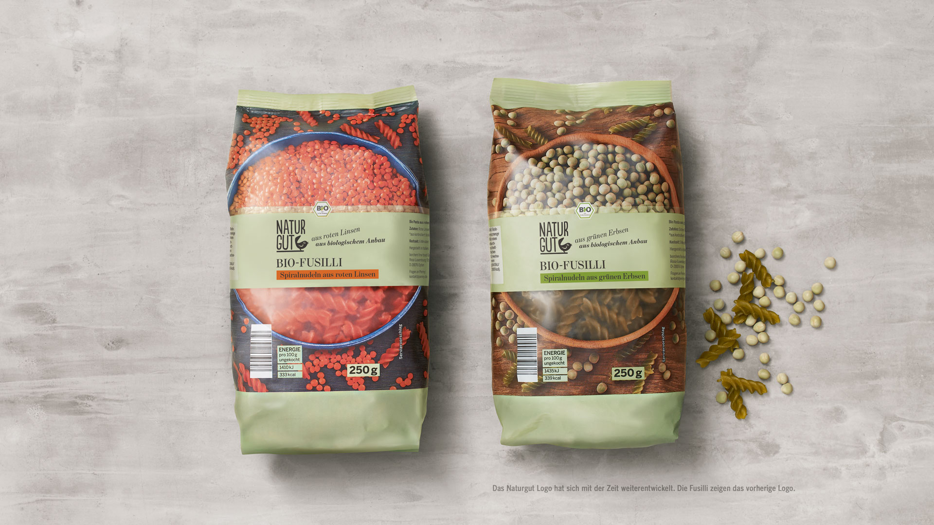 Verpackungsdesign für Penny Naturgut Bio Fussili aus roten Linsen und grünen Erbsen
