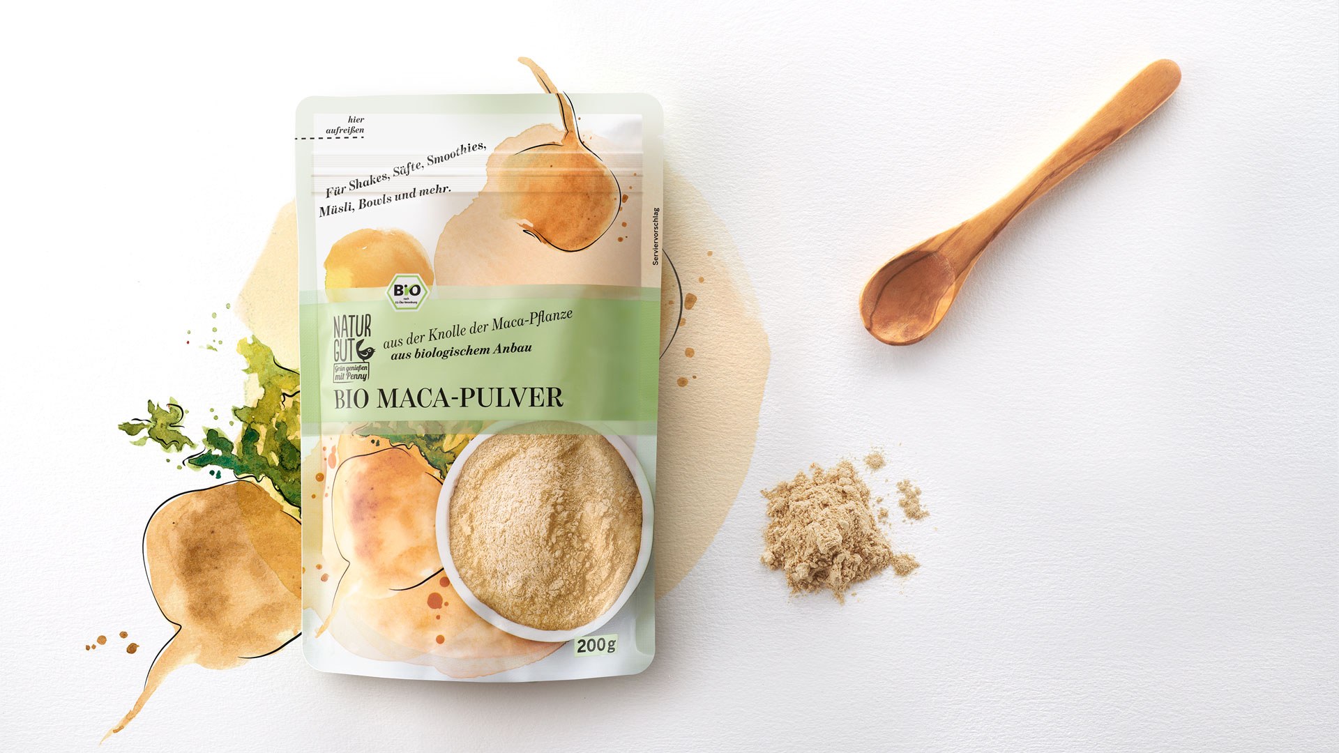 Verpackungsdesign für Penny Naturgut Bio Maca-Pulver
