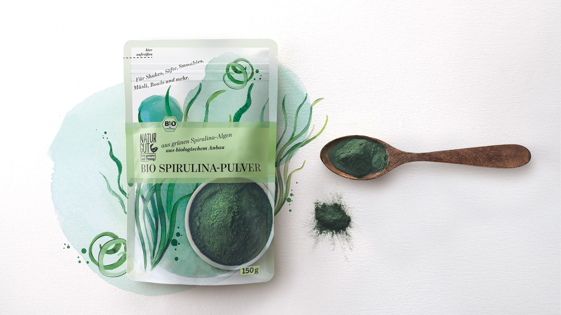 Verpackungsdesign für Penny Naturgut Bio Spirulina-Pulver