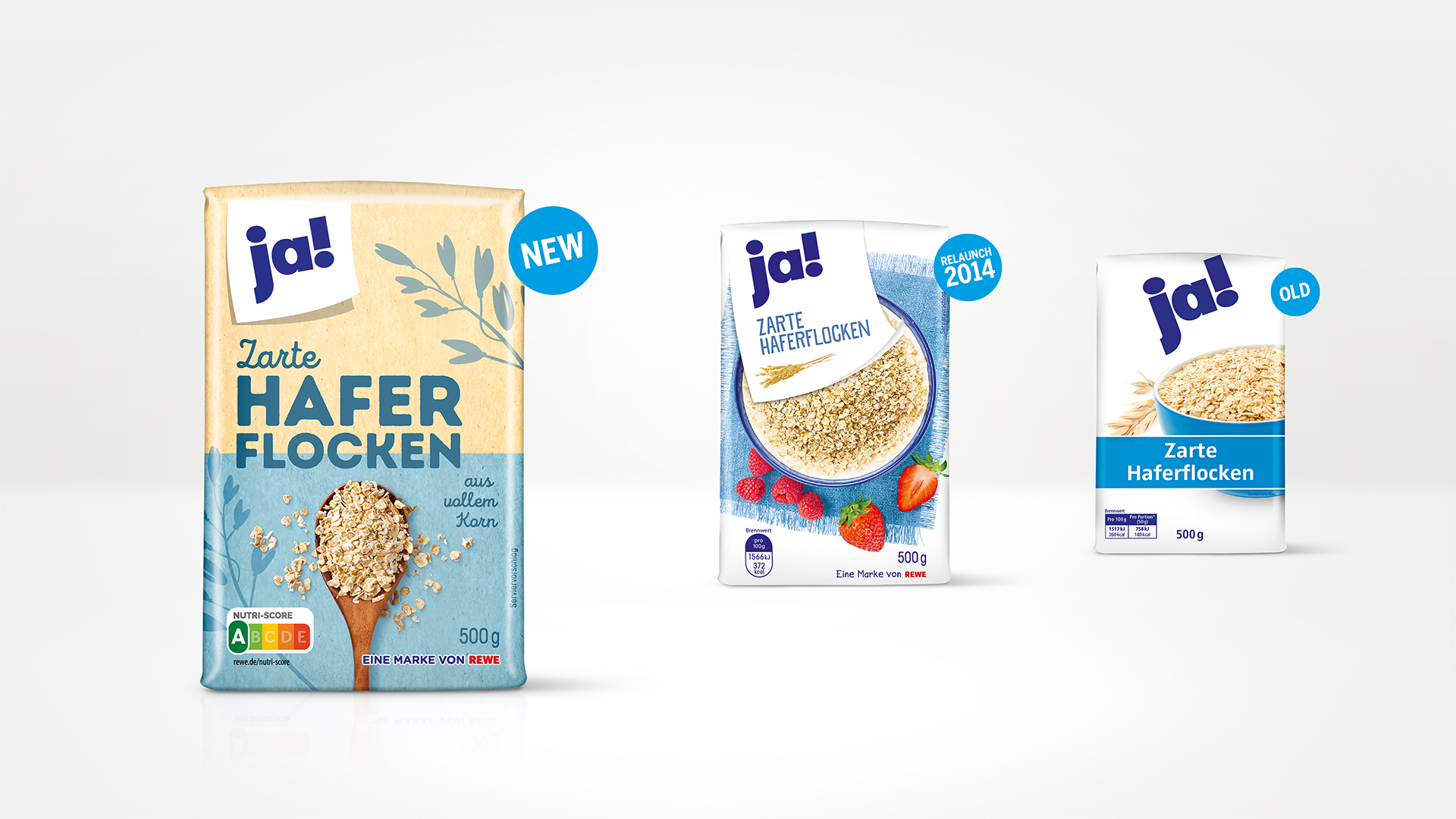 Vergleich neues und altes Verpackungsdesign REWE Ja Haferflocken