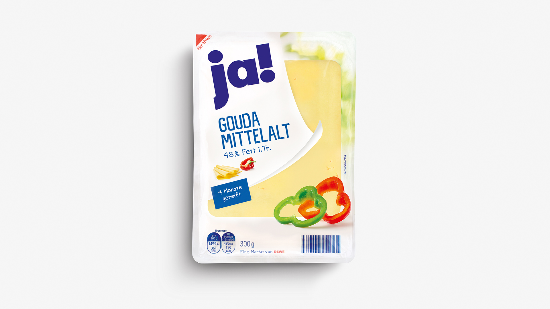 Altes Verpackungsdesign REWE Ja! Gouda Mittelalt