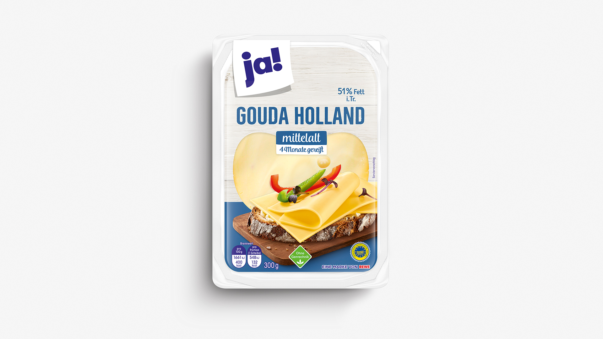 Neues Verpackungsdesign für Rewe ja! Gouda Holland