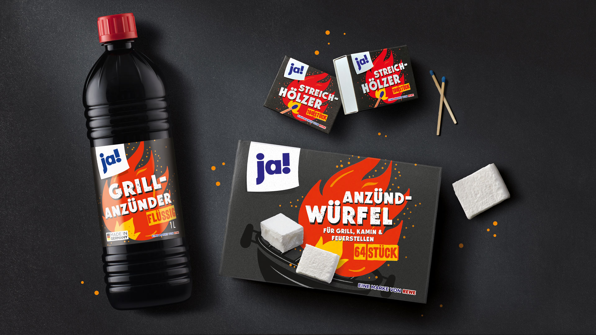 Verpackungsdesign für Rewe ja! Grillanzünder und ja! Streichhölzer