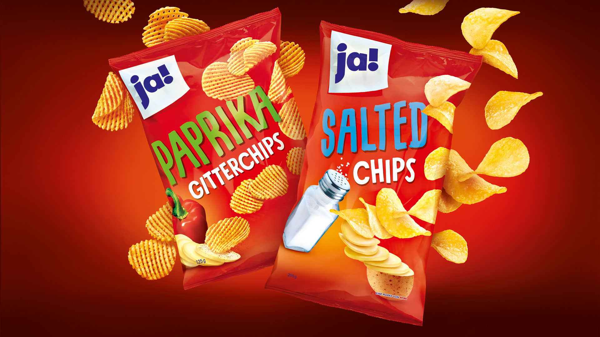 Verpackungsdesign für Rewe ja! Paprika Gitterchips und ja! Salted Chips