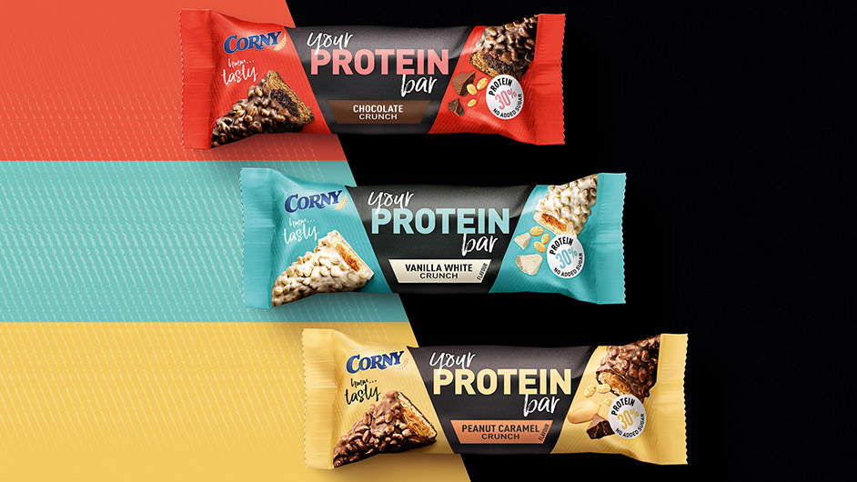 Verpackungsdesign für Corny Your Protein Bar Packshots Übersicht