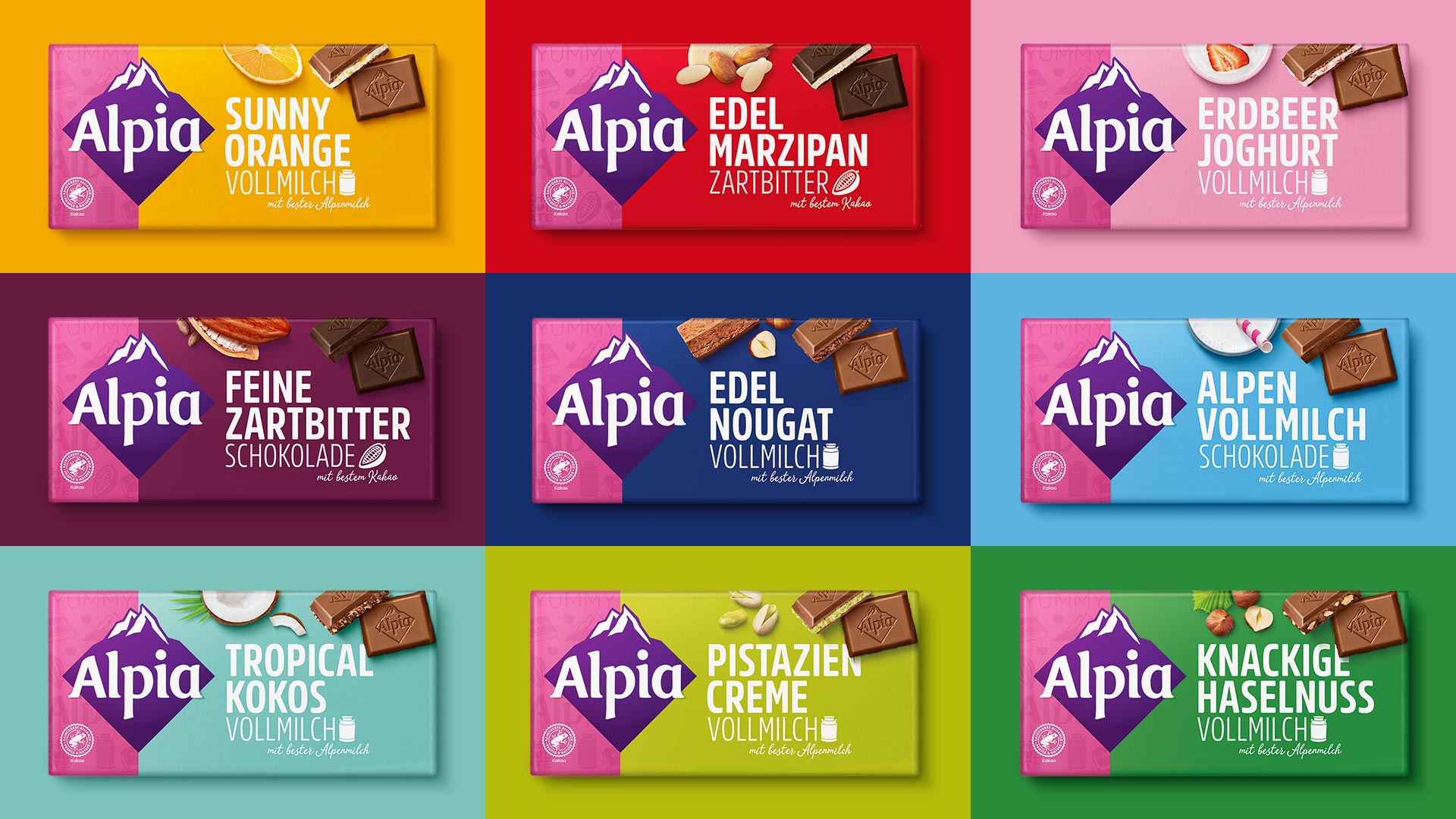 Verpackungsdesign für Alpia Schokolade Packshot Übersicht