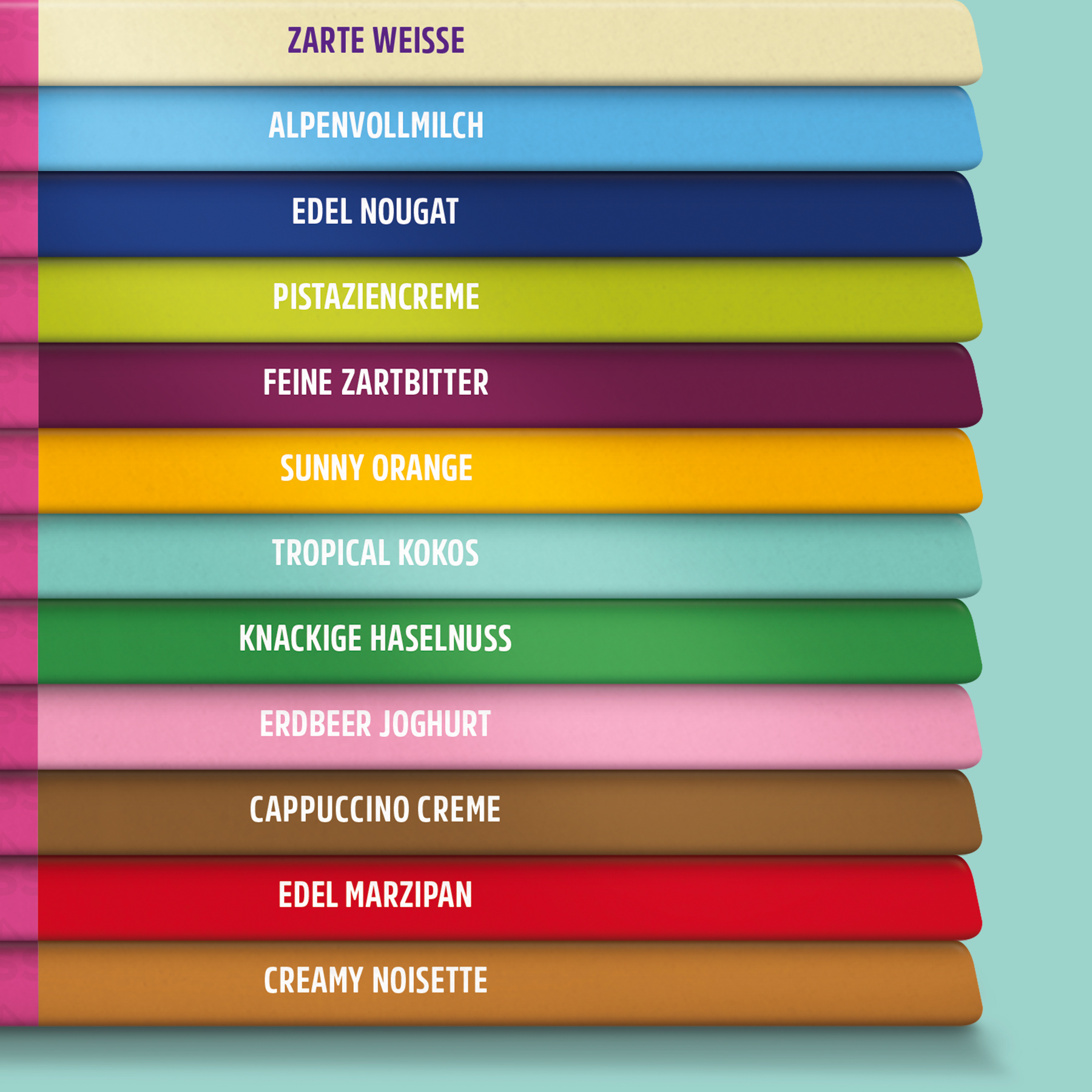 Verpackungsdesign für Alpia Schokolade Packshot Sorten Übersicht