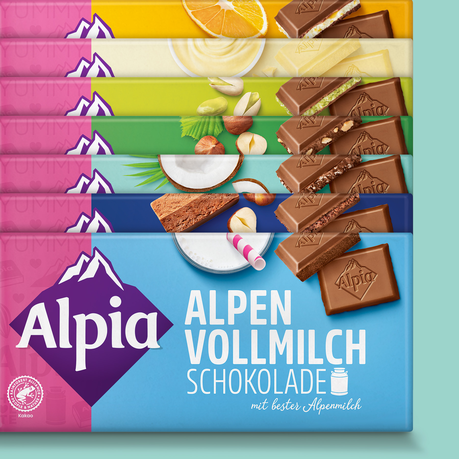 Verpackungsdesign für Alpia Schokolade Packshot Übersicht