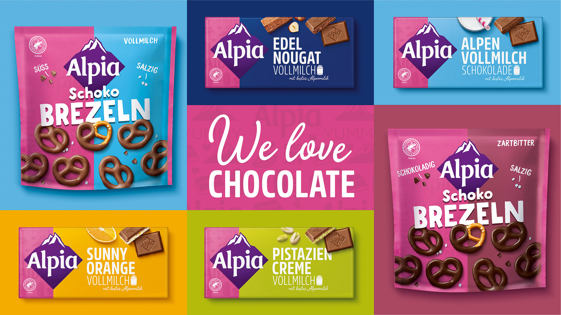 Verpackungsdesign für Alpia Schokolade Packshot Übersicht