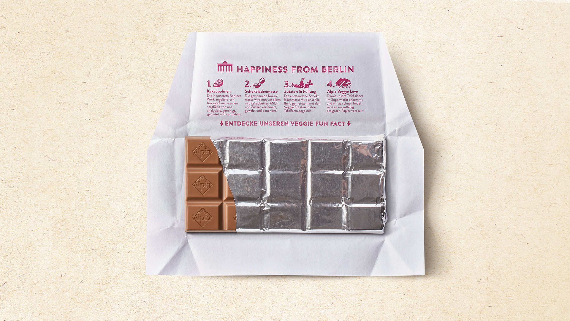 Verpackungsdesign für Alpia Veggie Love Schokolade Innengestaltung
