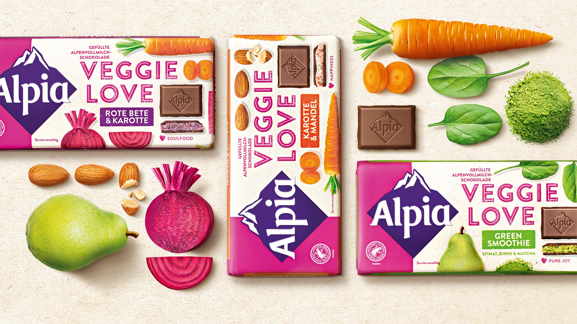 Verpackungsdesign für Alpia Veggie Love Packshots umringt von Zutaten