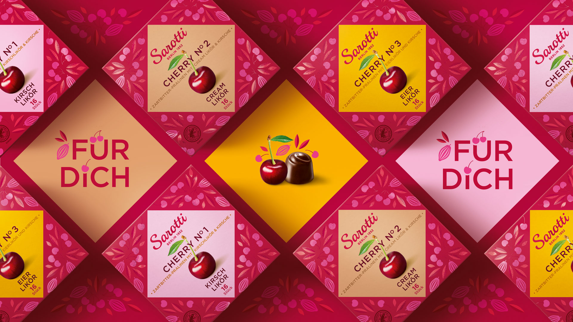Verpackungsdesign für Sarotti Cherry no 1 bis 3 Packshots Übersicht