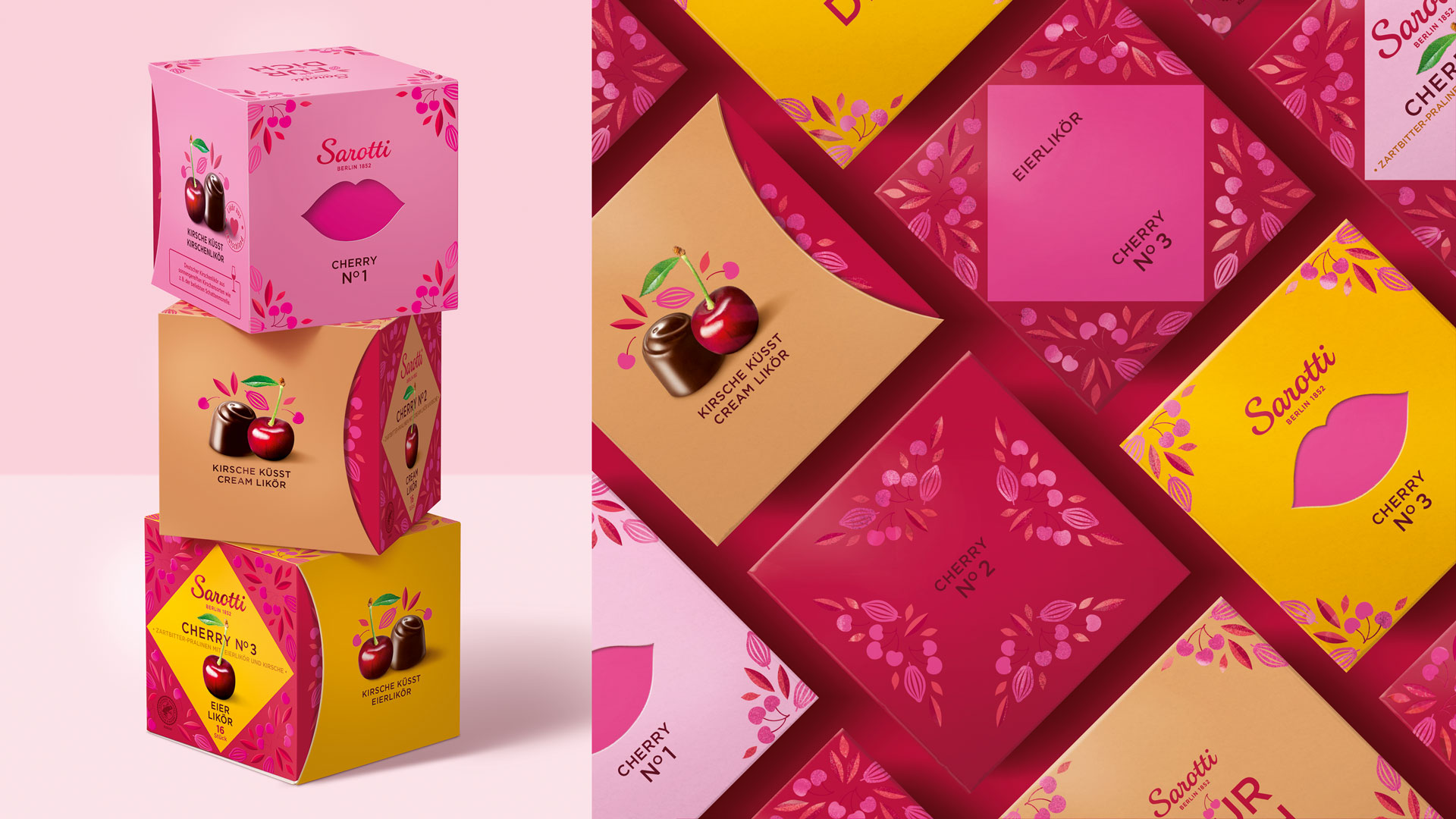 Verpackungsdesign für Sarotti Cherry no 1 bis 3 gestapelt und parallel angeordnet