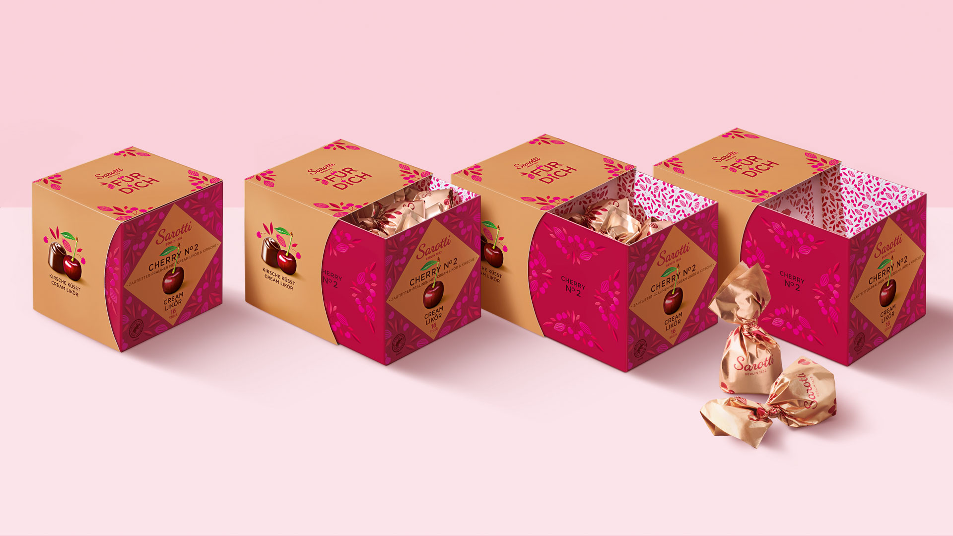 Verpackungsdesign für Sarotti Cherry no 2 unterschiedlich weit geöffnet
