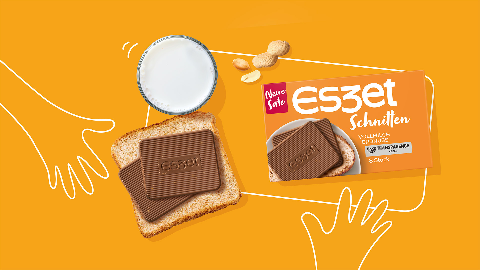 Verpackungsdesign für Eszet Schnitten Vollmilch Erdnuss mit Food Photography