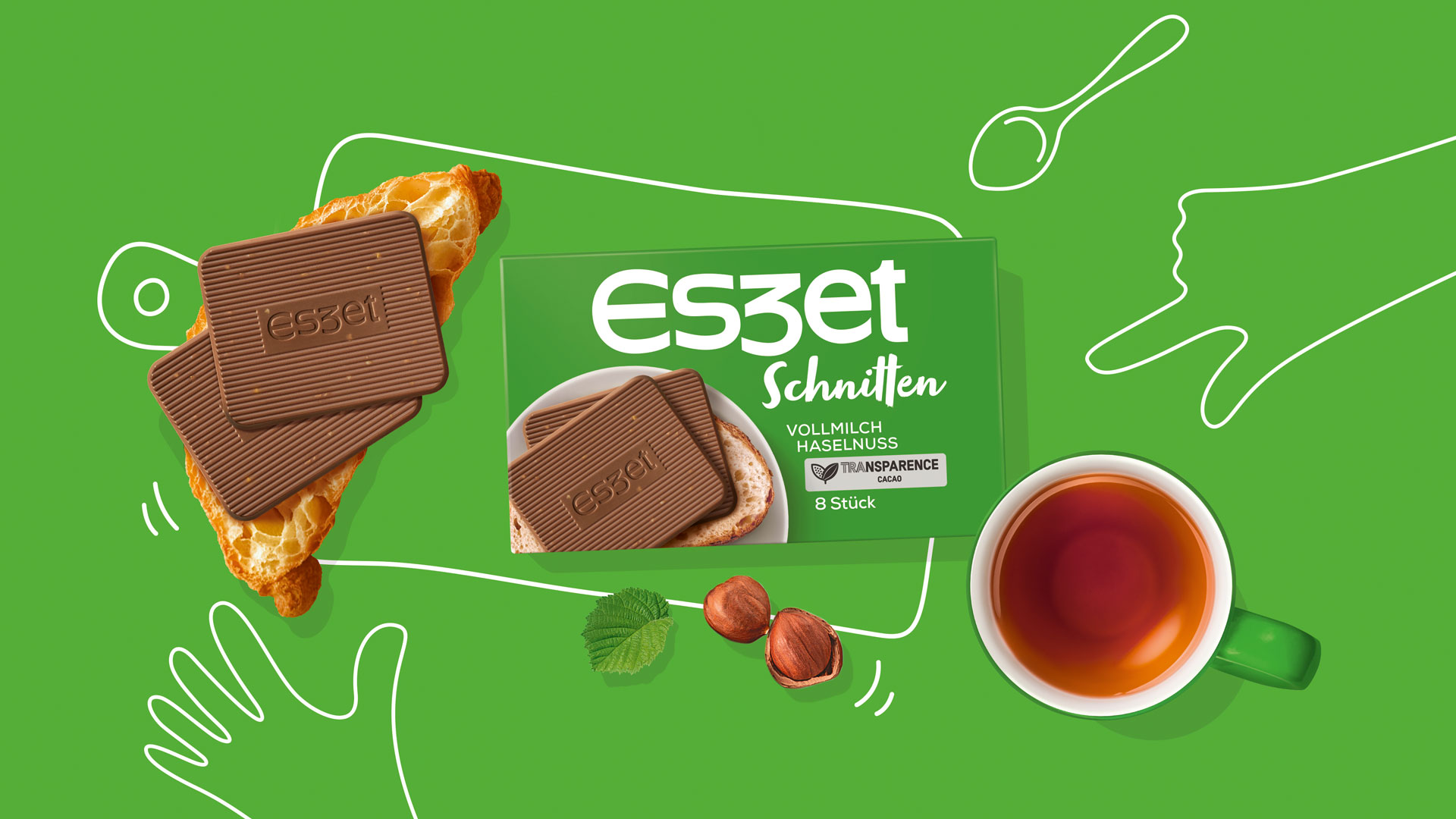 Verpackungsdesign für Eszet Schnitten Vollmilch Haselnuss mit Food Photography