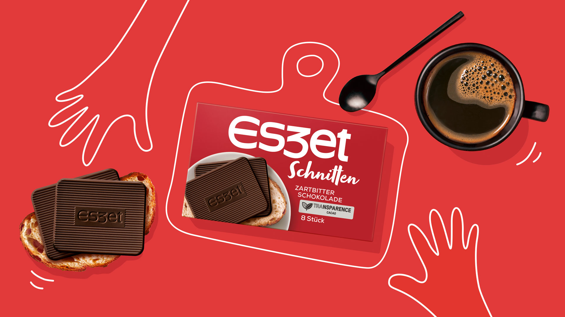 Verpackungsdesign für Eszet Schnitten Zartbitter mit Food Photography