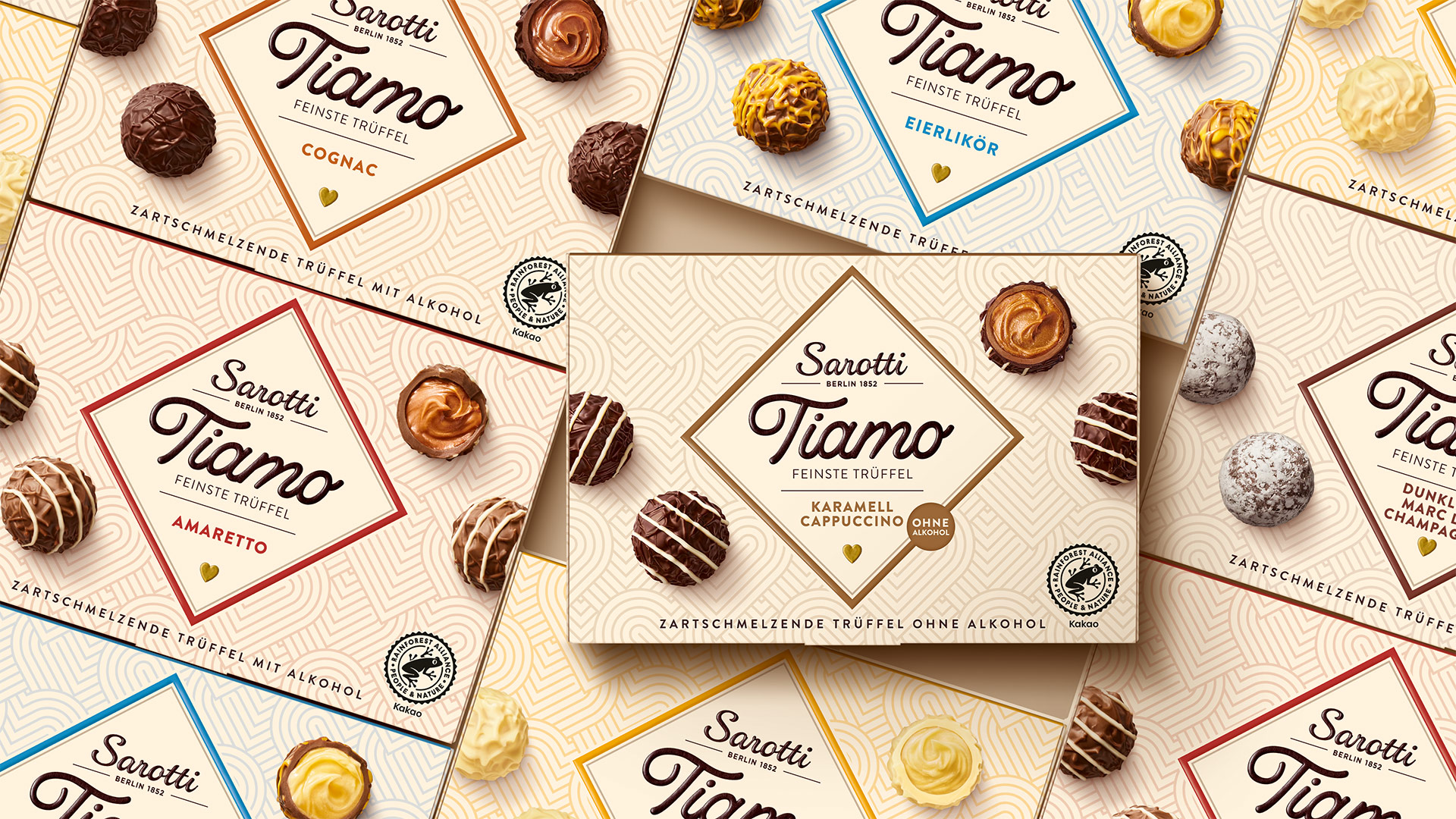 Verpackungsdesign für Sarotti Tiamo Feinste Trüffel Range Übersicht