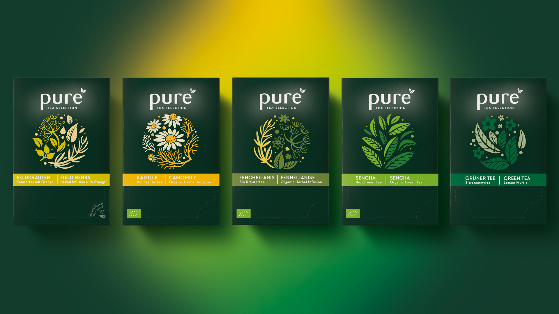 Fünf Packungen der Tchibo „pure tea selection“ präsentieren sich im modernen, botanisch inspirierten Design. Jede Sorte – von Kamille über Fenchel-Anis bis hin zu grünem Tee mit Zitronenmyrte – ist mit stilisierten Pflanzenillustrationen in klaren Farben gestaltet und steht vor einem stimmungsvoll ausgeleuchteten, grün-gelben Hintergrund.