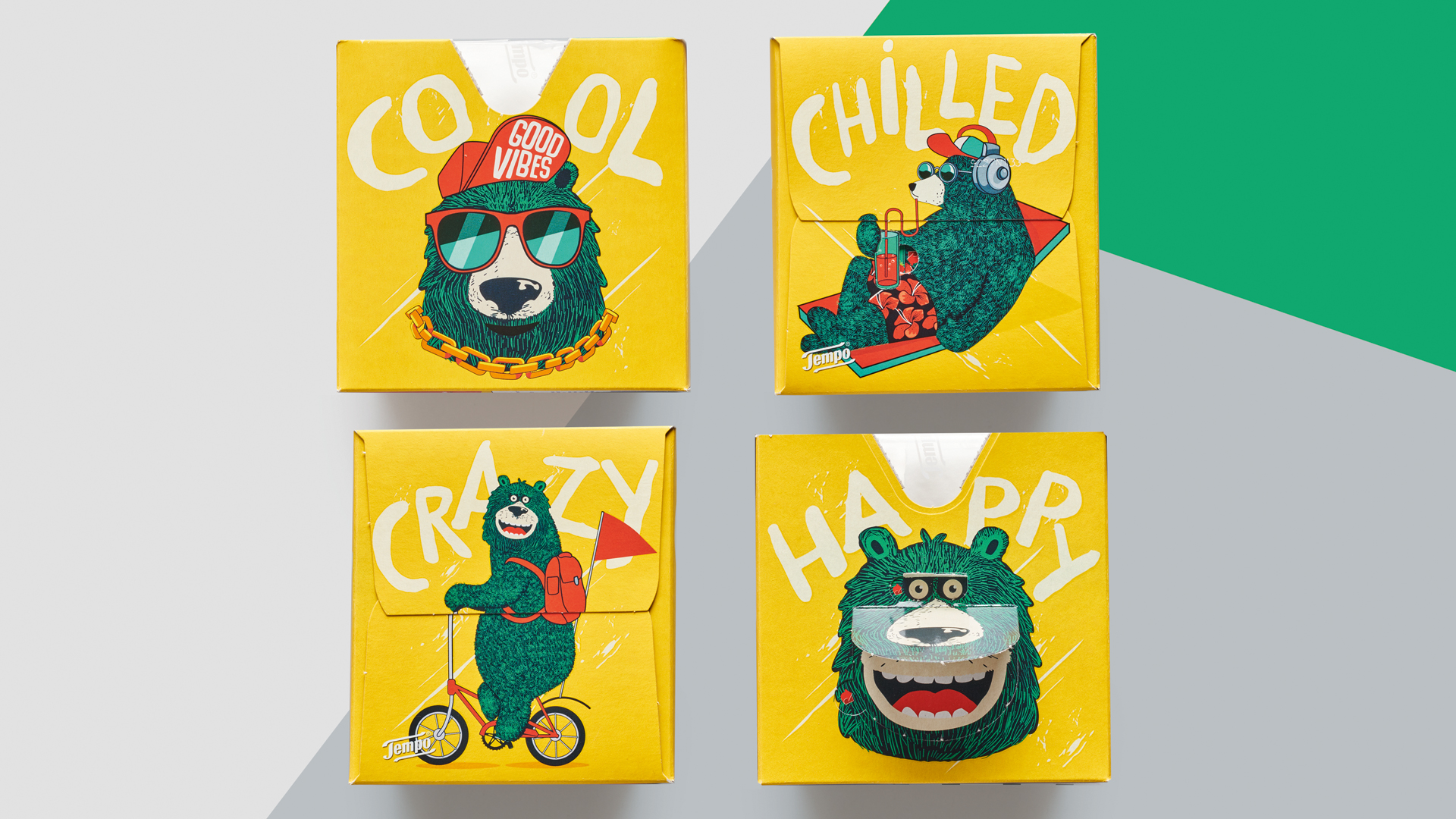 Vier quadratische Taschentuchboxen mit gelbem Hintergrund und comicartigen Bärenfiguren in verschiedenen Posen. Jede Box trägt eine emotionale Aufschrift: „COOL“ mit Sonnenbrille und Cap, „CHILLED“ mit Kopfhörern auf einer Liege, „CRAZY“ mit Rucksack auf einem Einrad, und „HAPPY“ mit einem großen, aufgesetzten Grinsen.