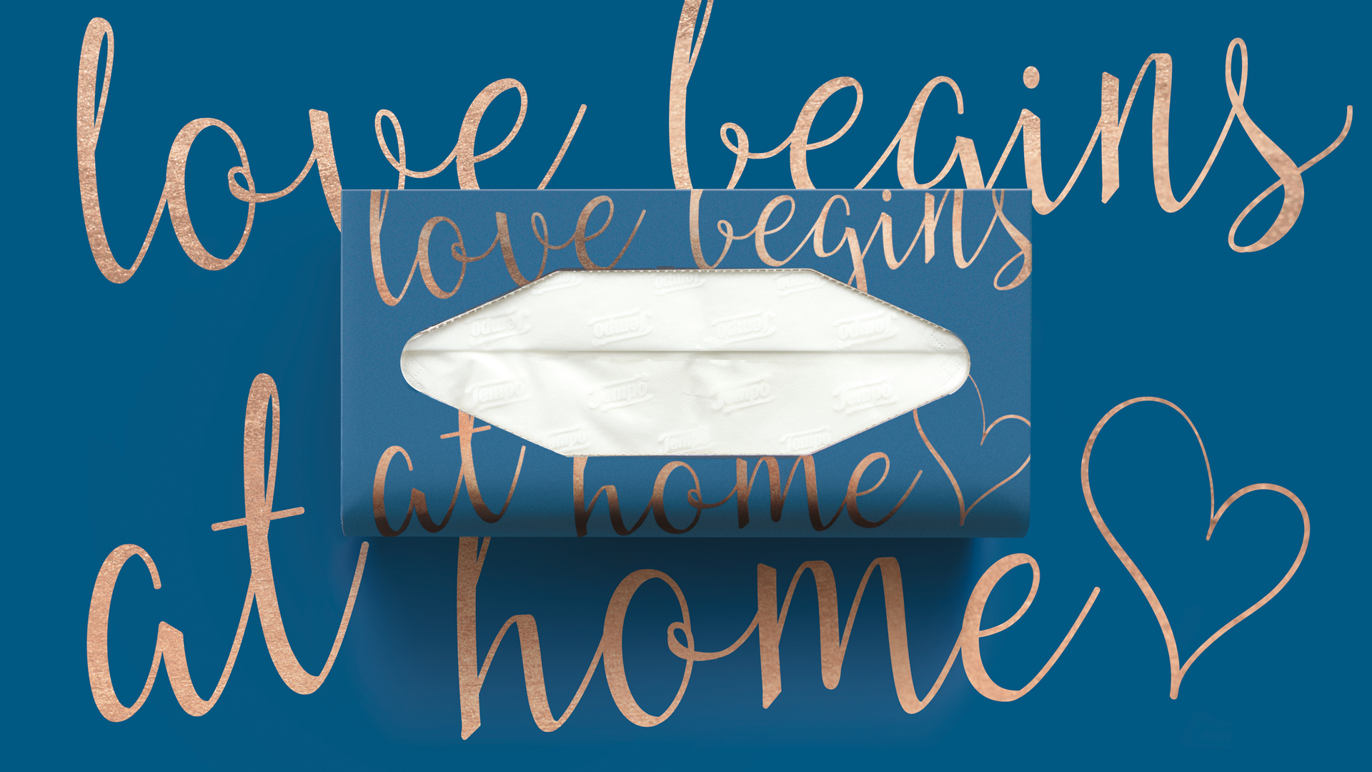Eine Tempo Taschentuchbox in elegantem Dunkelblau zeigt die roségoldene Aufschrift „love begins at home“ in handschriftlicher Typografie