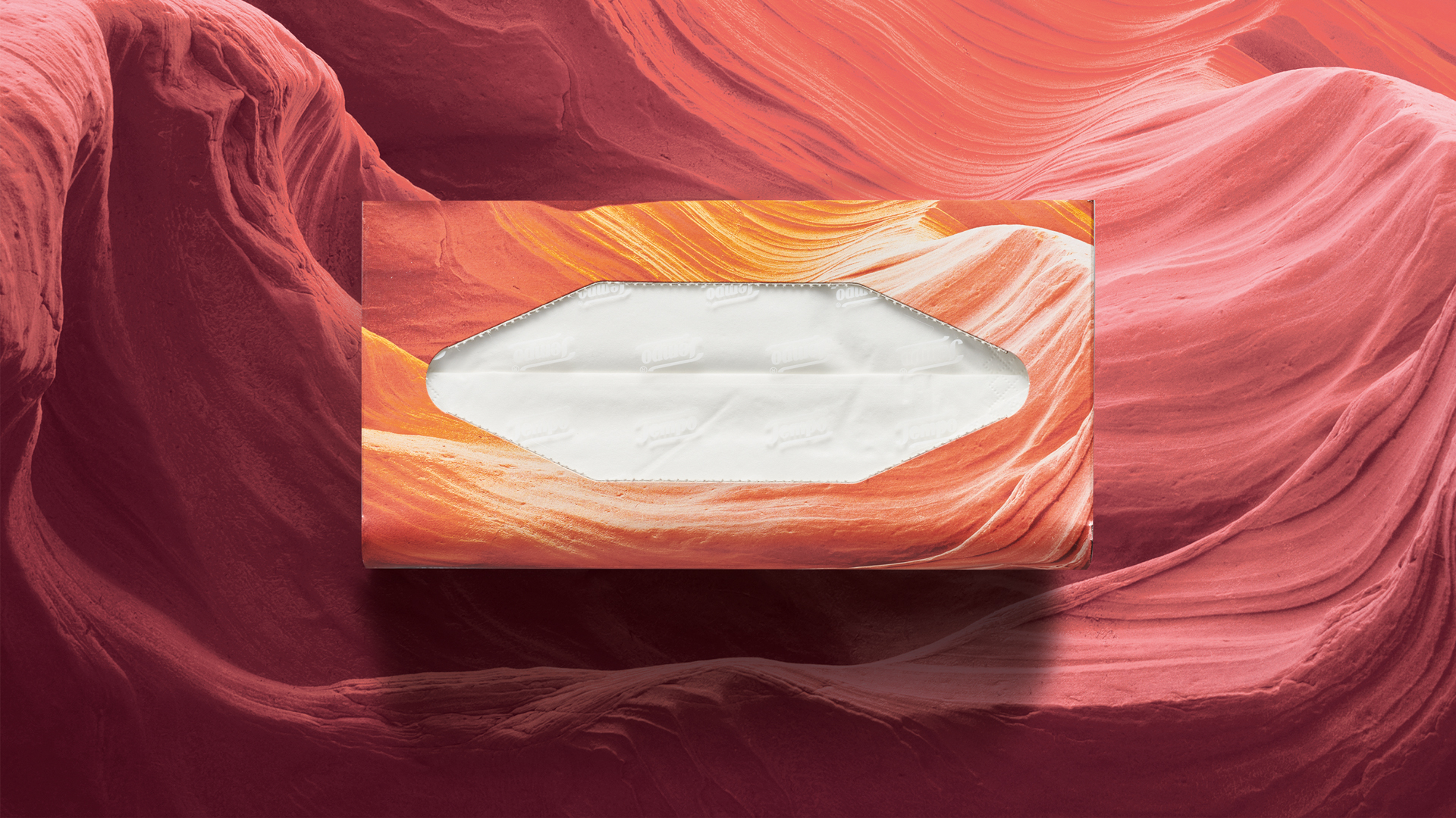 Tempo Taschentuchbox mit abstraktem Wüstenmotiv in warmen Rot-, Sand- und Orangetönen – das geschwungene Design der Verpackung greift die Struktur natürlicher Gesteinsformationen auf und wird vom Hintergrund visuell nahtlos weitergeführt.