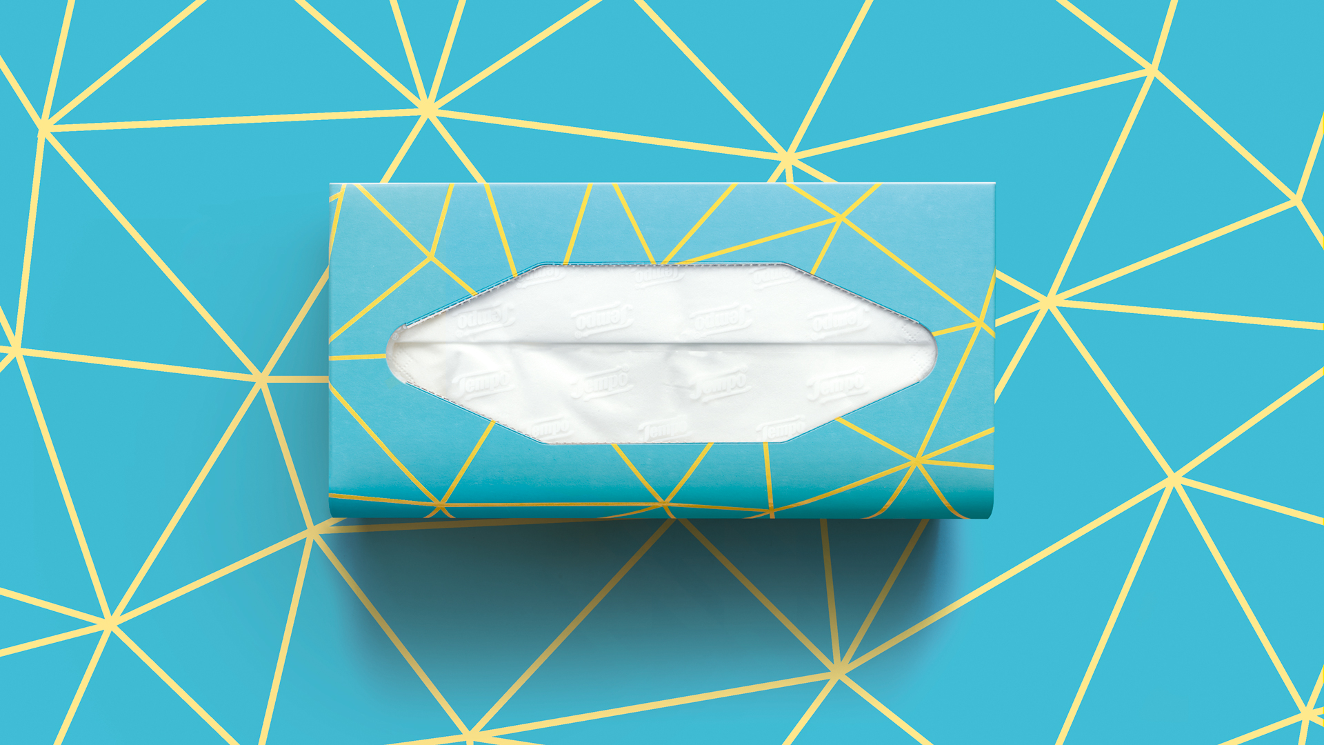 Tempo Taschentuchbox im klaren Türkis mit dynamischem, gelb-grafischem Linienmuster – präsentiert vor einem nahtlos fortgesetzten Hintergrunddesign, das dem modernen Look der Verpackung eine frische und energiegeladene Wirkung verleiht.