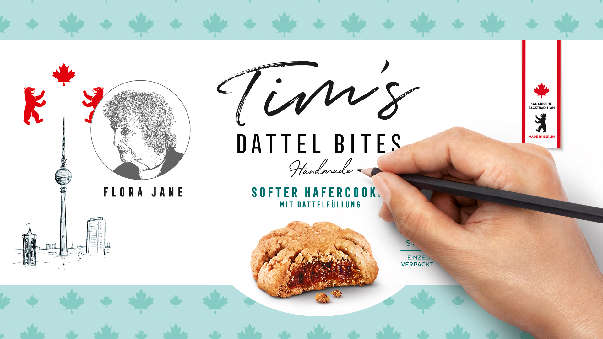 Verspieltes Verpackungsdesign für Tim’s Dattel Bites: Kombination aus Berliner Skyline, gezeichnetem Porträt von Flora Jane, kanadischen Symbolen und einer illustrierten Hand, die den Handmade-Schriftzug vollendet – mit einem soften Hafercookie im Fokus.