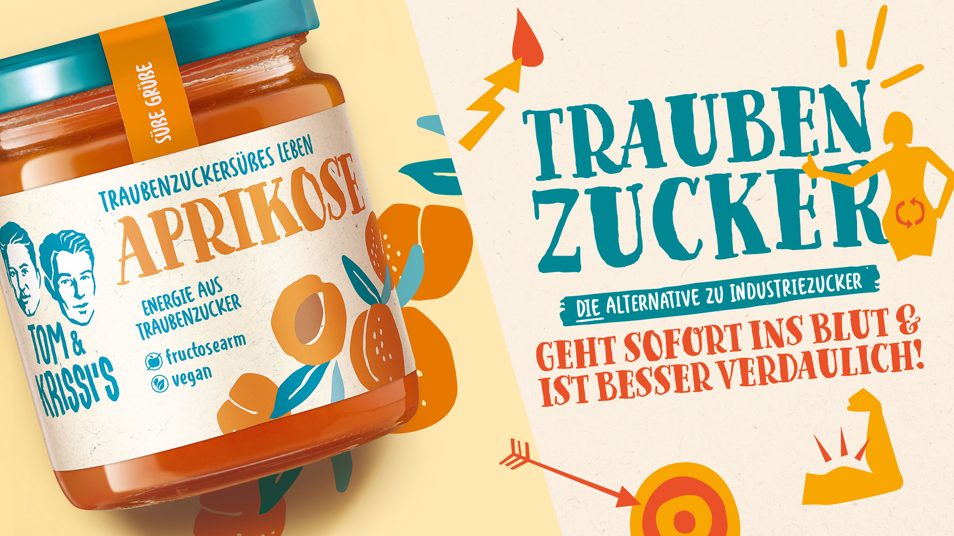 Lebendiges Verpackungsdesign für Tom & Krissi’s Aprikosenaufstrich mit Traubenzucker – im illustrativen Retro-Stil mit typografisch betontem Nutzenversprechen: ‚Die Alternative zu Industriezucker – geht sofort ins Blut & ist besser verdaulich!‘ Begleitet von Icons, Figuren und fruchtigen Elementen.