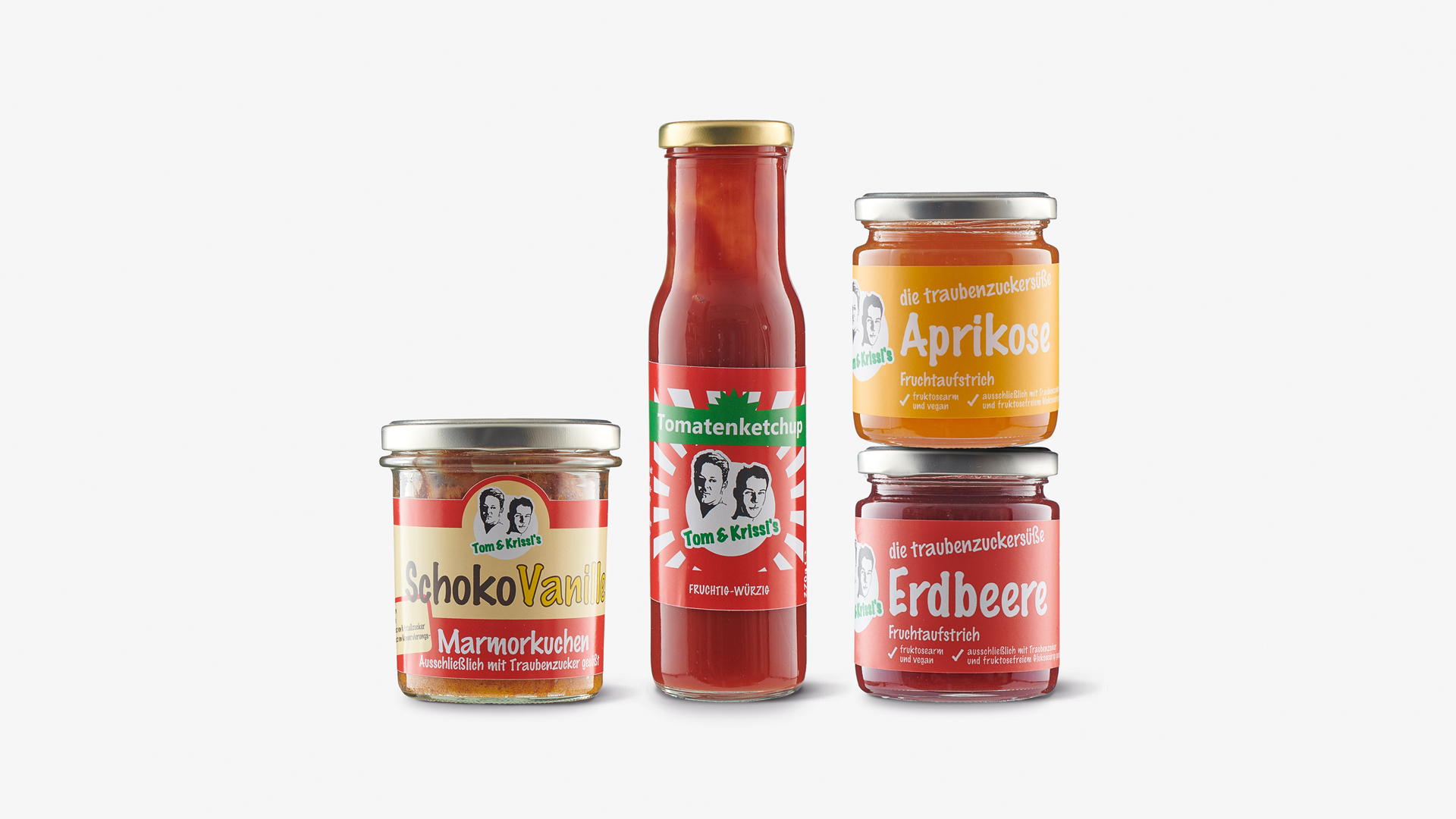 Altes Verpackungsdesign Tom & Krisis Marmorkuchen, Tomatenketchup, Fruchtaufstrich