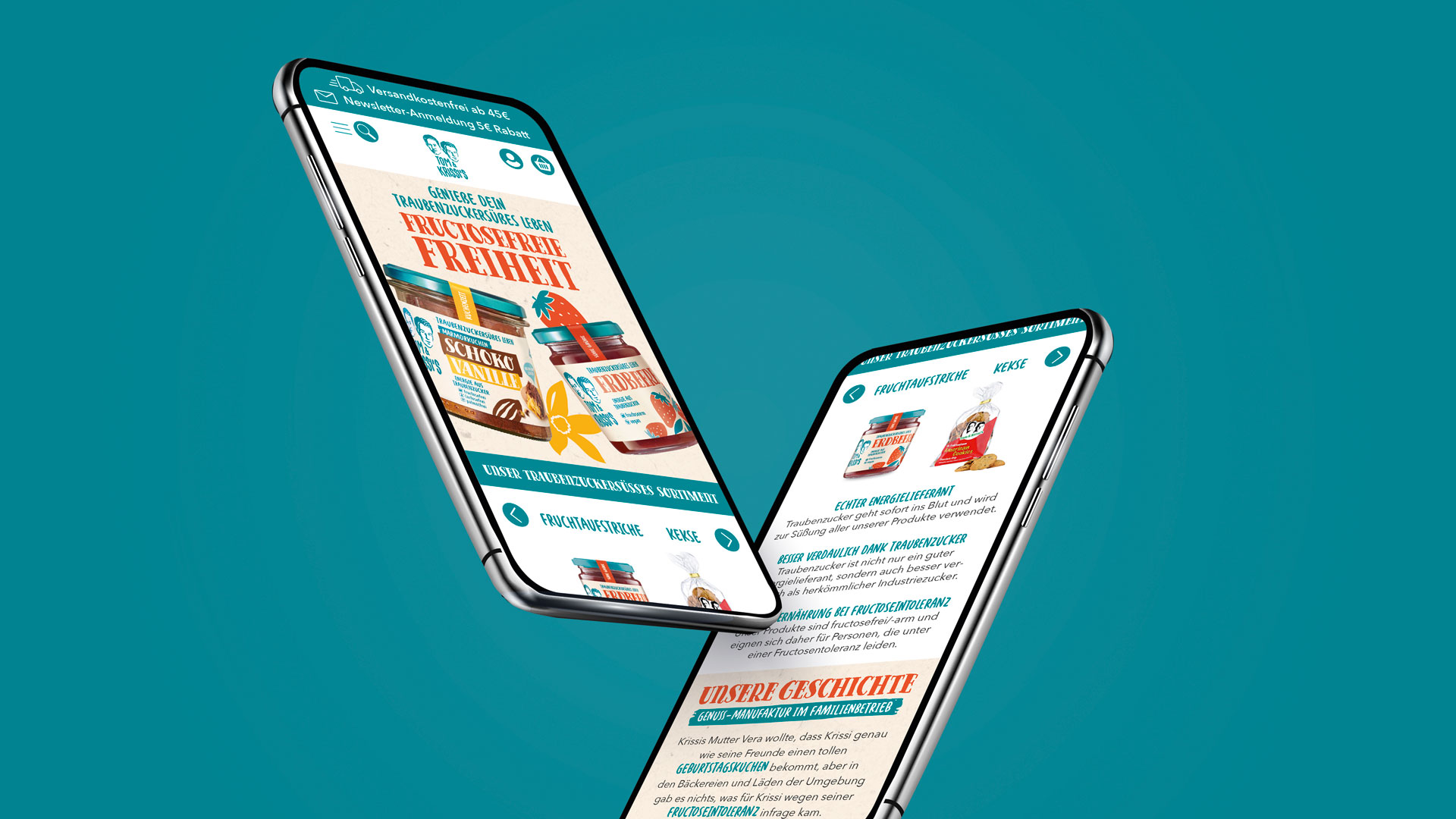 Mockup zweier Smartphones mit der mobilen Website von Tom & Krissi’s: Präsentation des sortenreichen Produktsortiments auf türkisem Hintergrund – mit Fokus auf fruchtzuckersüße Aufstriche, Markenbotschaft und Familiengeschichte im charmanten Retro-Look.
