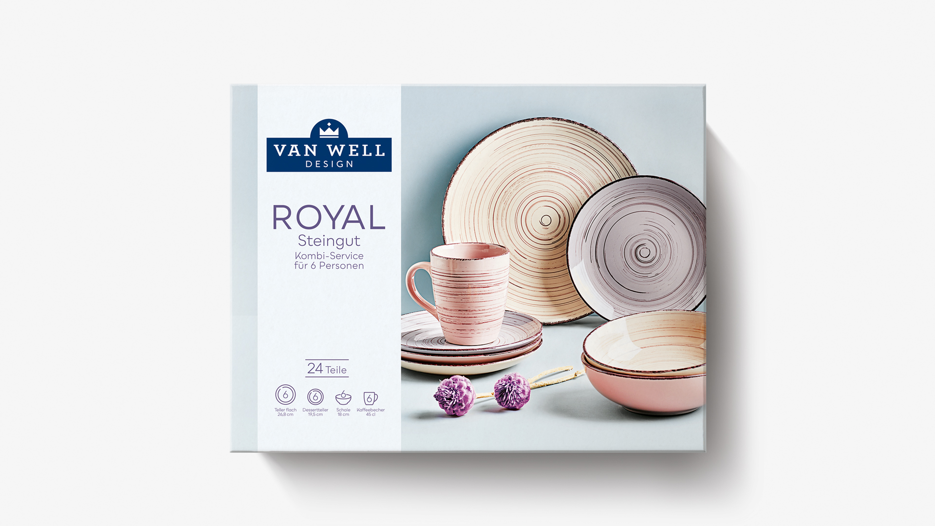 Verpackung des Van Well Design Kombi-Services ‚ROYAL‘ aus Steingut für 6 Personen: Produktfoto mit modernem Geschirr in zarten Rosé- und Naturtönen, kombiniert mit klarer Typografie, Piktogrammen und edlem Markenlogo in Dunkelblau auf hellem Hintergrund.