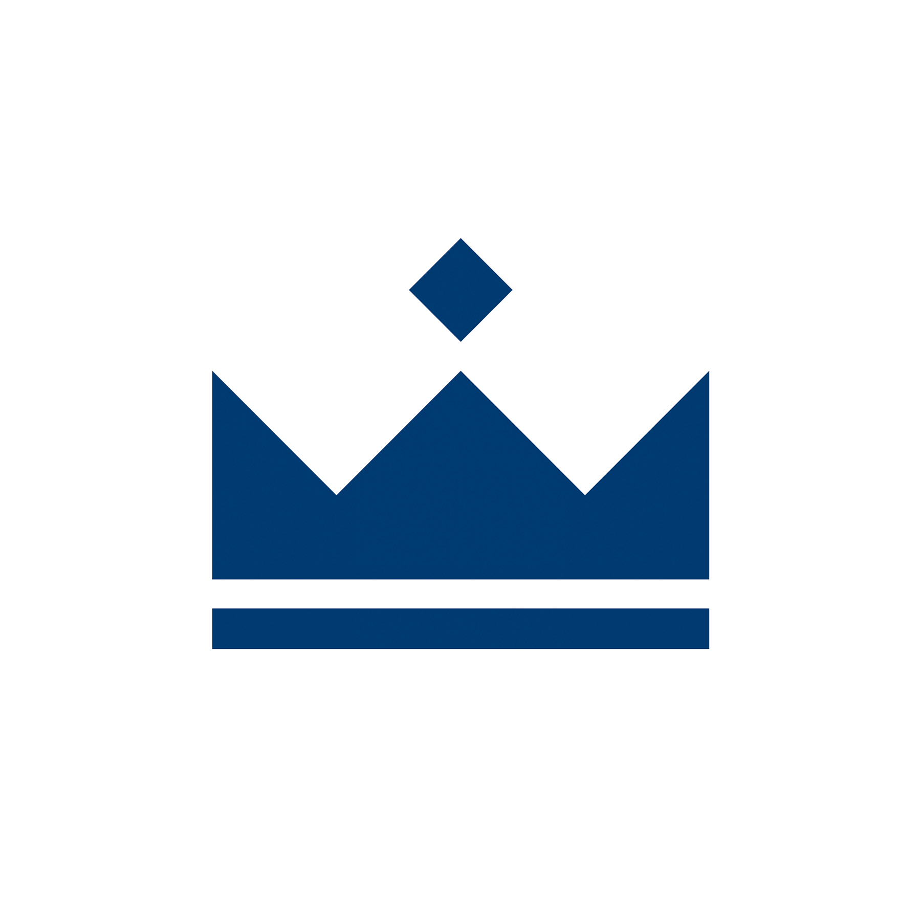 Minimalistisches Kronensymbol in Dunkelblau auf weißem Hintergrund – ikonisches Markenzeichen von Van Well Design, bestehend aus drei Zacken, einem schwebenden Rhombus und zwei Querlinien als stilisierte Basis.