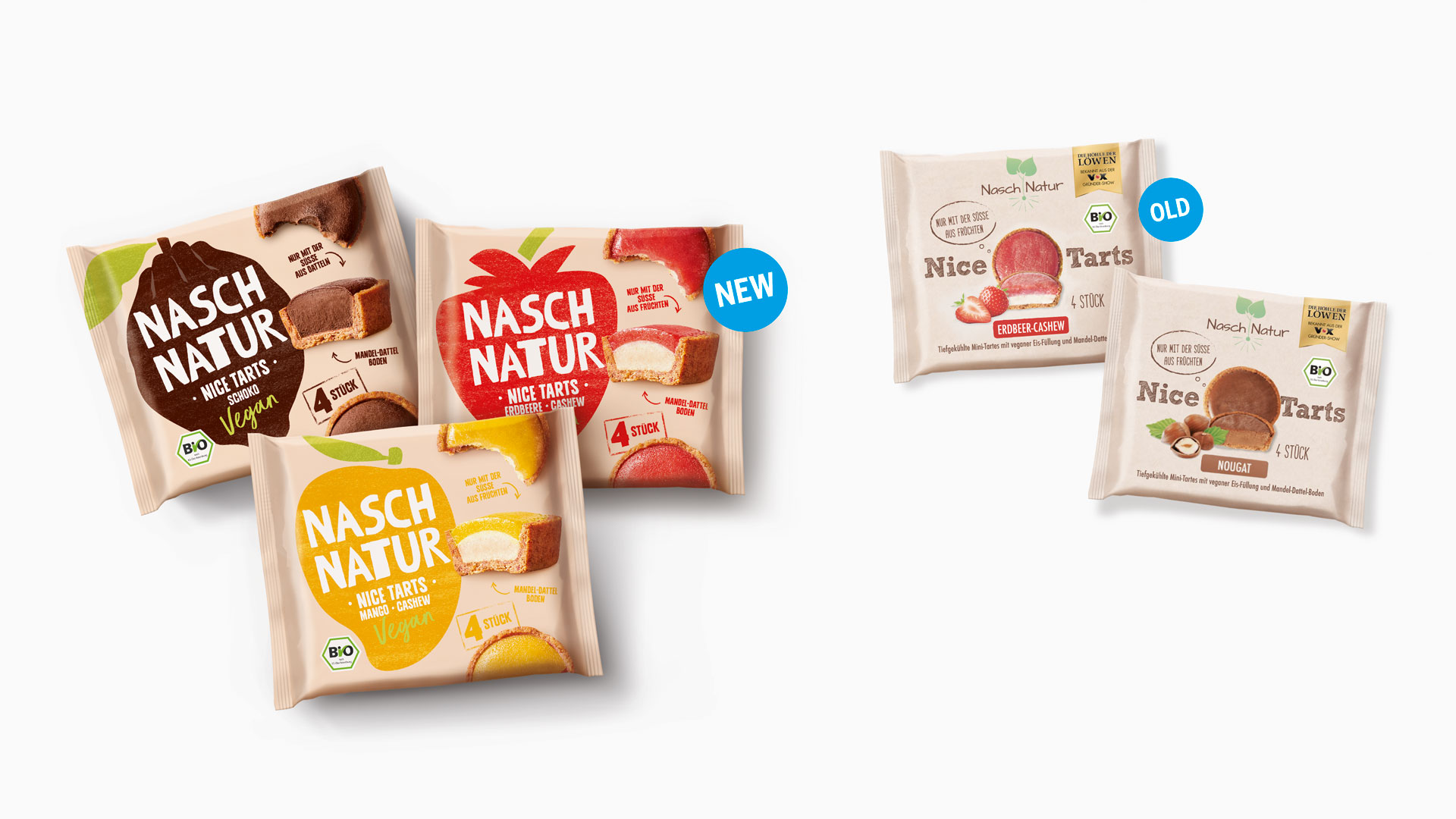 Nasch Natur Nice Tarts im neuen Design: vegane Mini-Törtchen in Schoko, Erdbeer-Cashew & Mango-Cashew – bio & fruchtgesüßt.