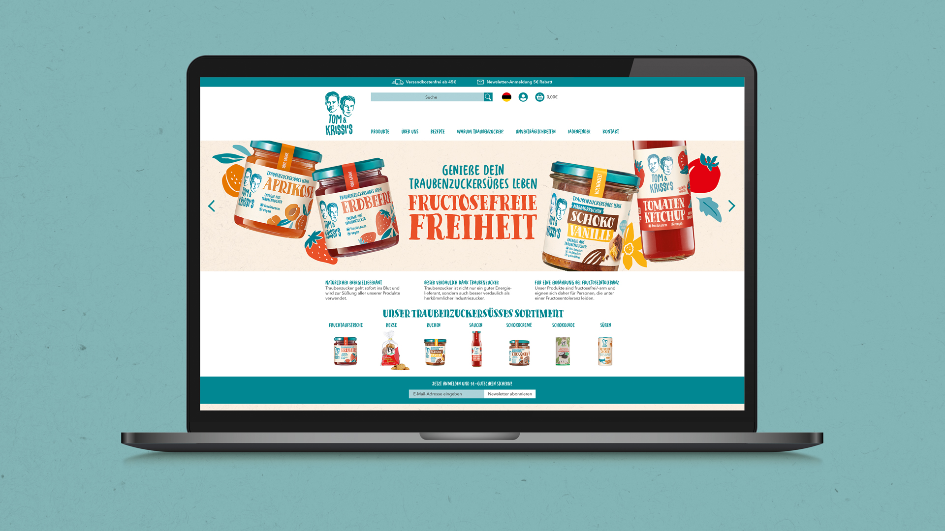 Website mit Branding für traubenzuckerbasierte Produkte – modern, bunt, ideal bei Fructoseintoleranz.