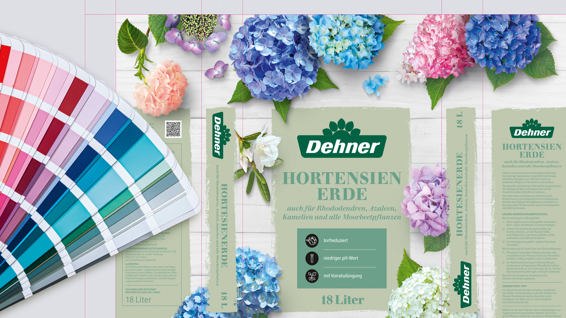 Verpackungsdesign für Dehner Hortensienerde – farbenfroh, floral, torfreduziert und perfekt für Moorbeetpflanzen.