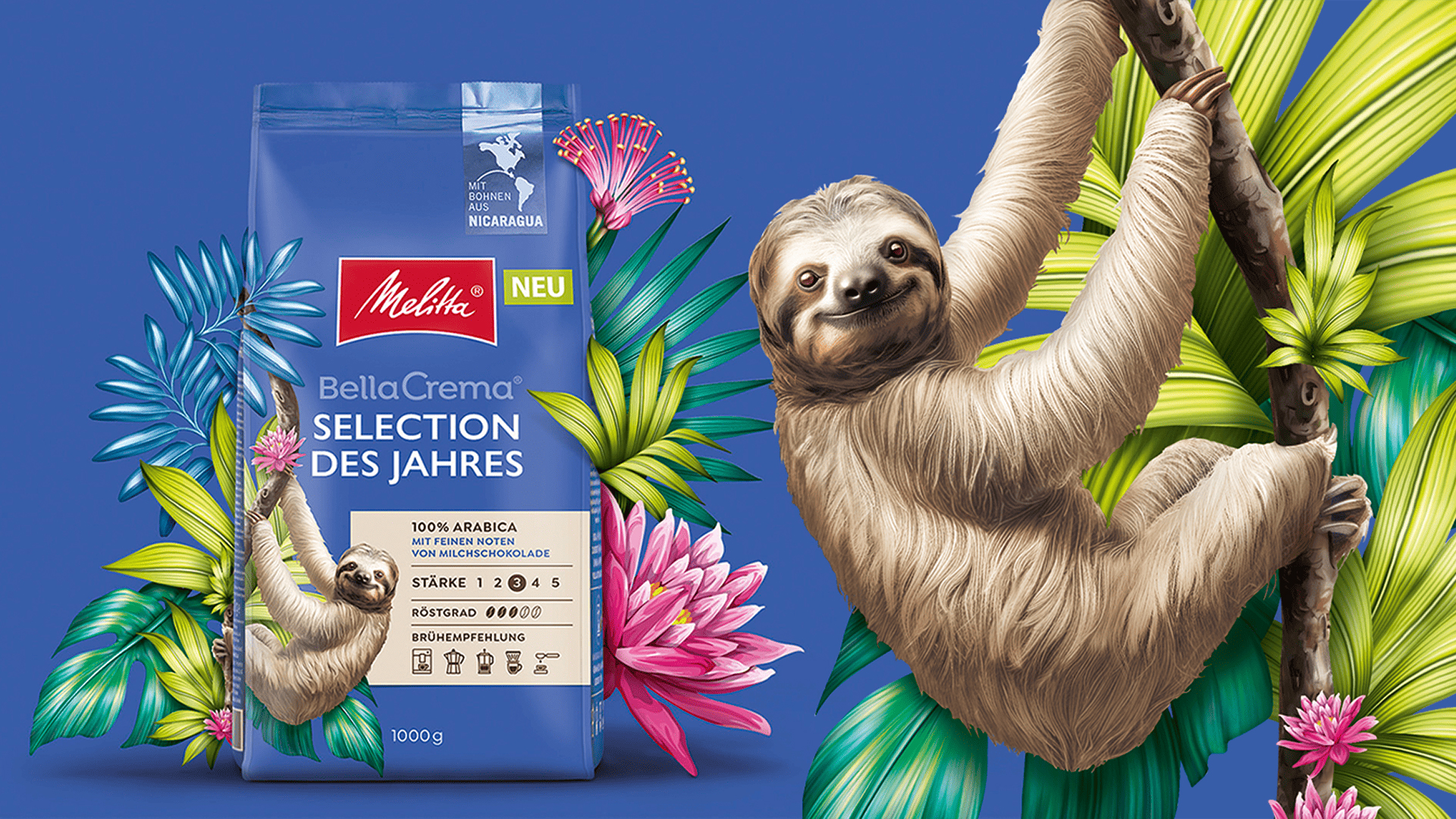 Kaffeepackung von Melitta mit Faultier und tropischen Pflanzen vor blauem Hintergrund, „Selection des Jahres“ aus Nicaragua.